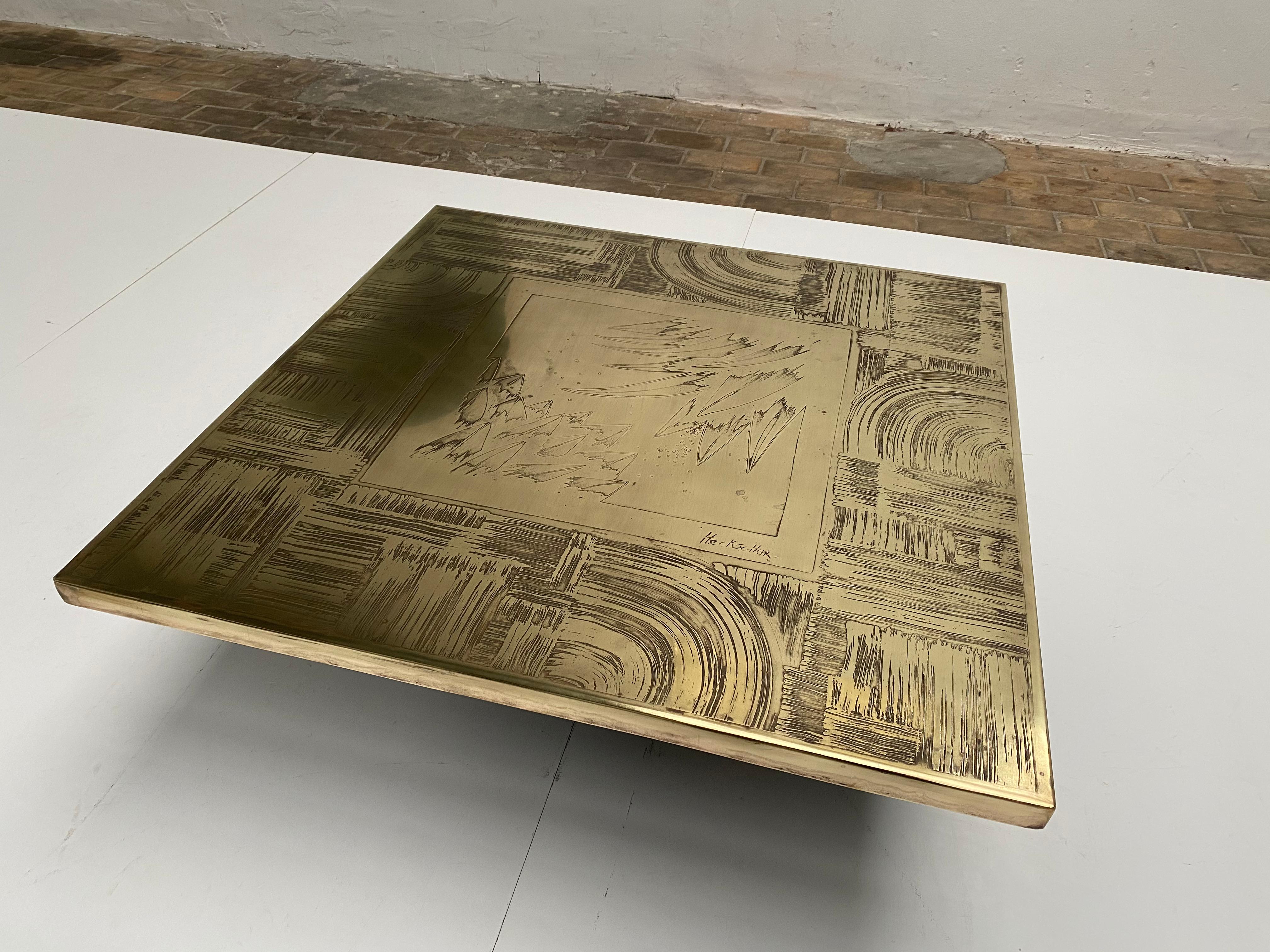 Late 20th Century Unique Heckscher Etched Brass Abstract Artisan Made Coffee Table, Belgium 1970's