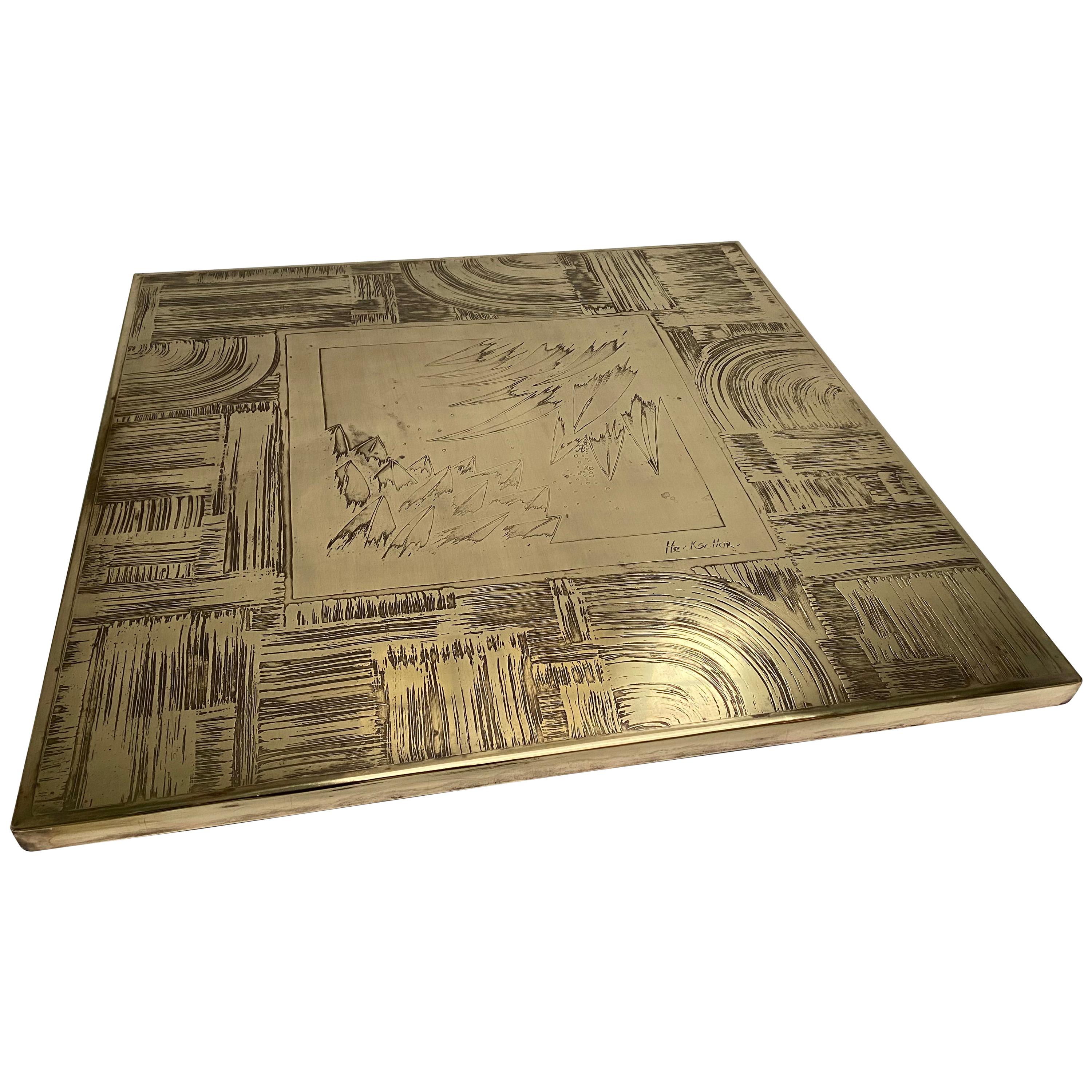 Unique Heckscher Etched Brass Abstract Artisan Made Coffee Table, Belgium 1970's