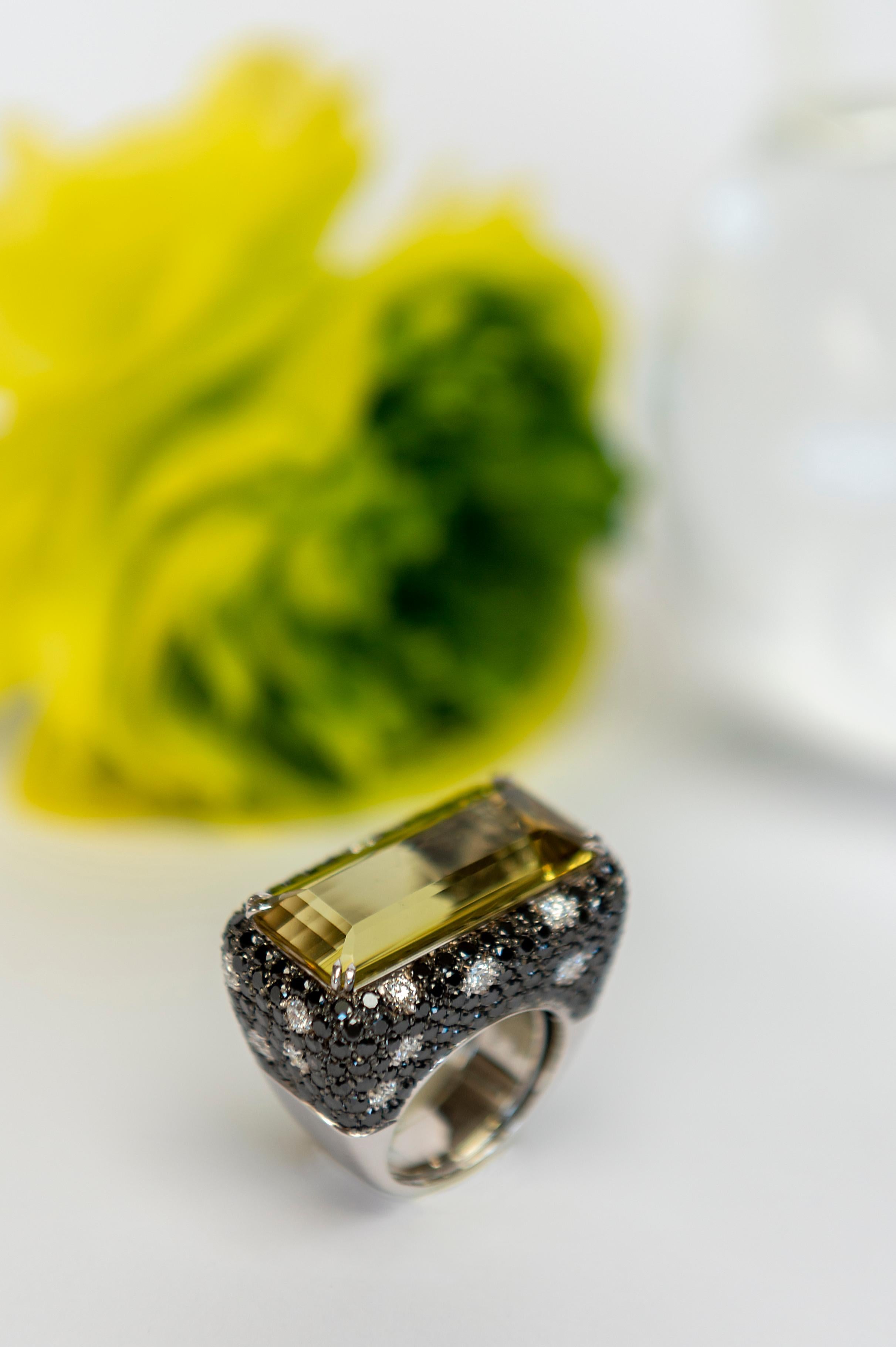 Baguette Cut Unique Heliodor Black Diamond White Diamond 18 KT White Gold Made in Italy Ring