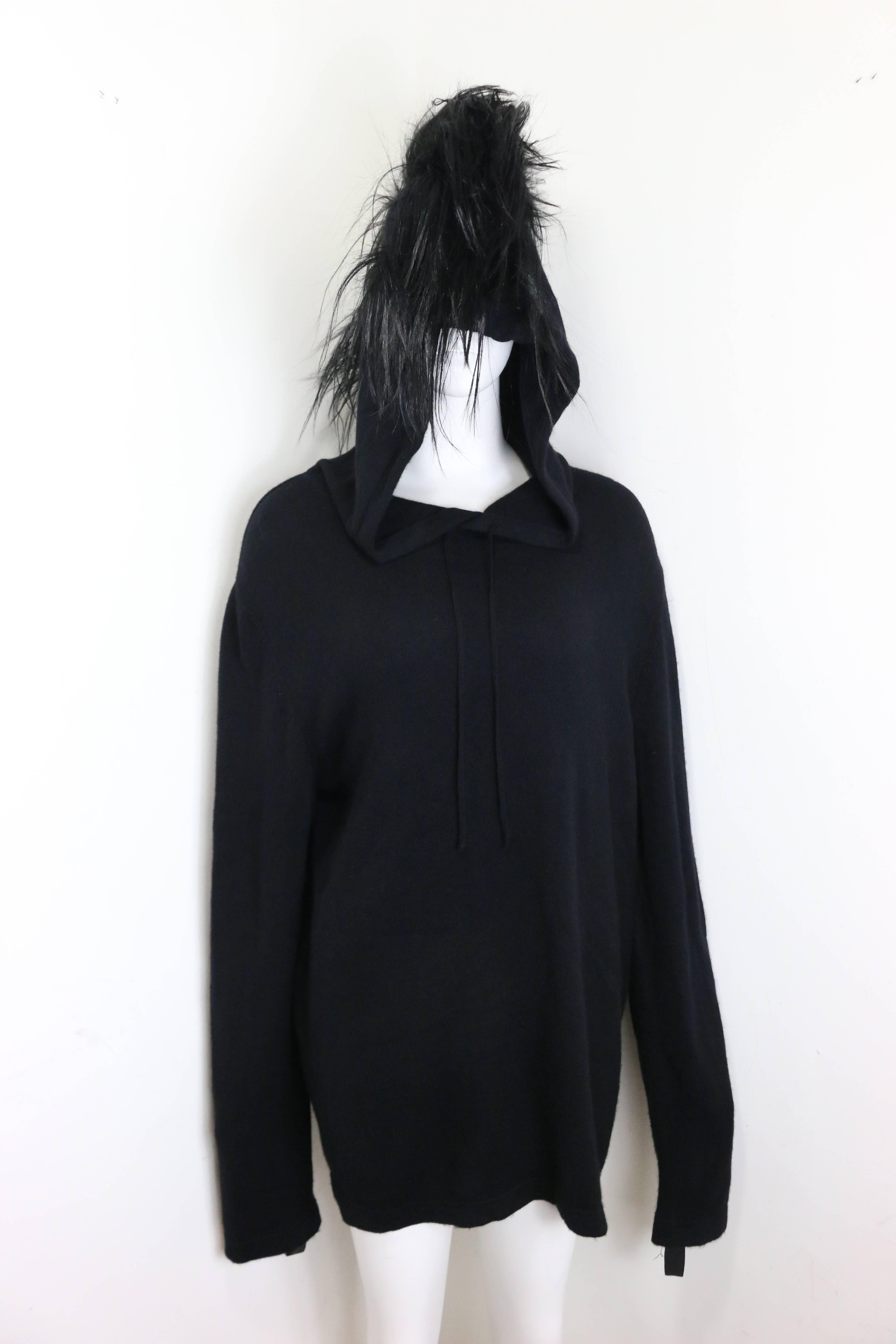 Women's or Men's Unique Helmut Lang Black Wool Hoodie with Faux Hair  For Sale