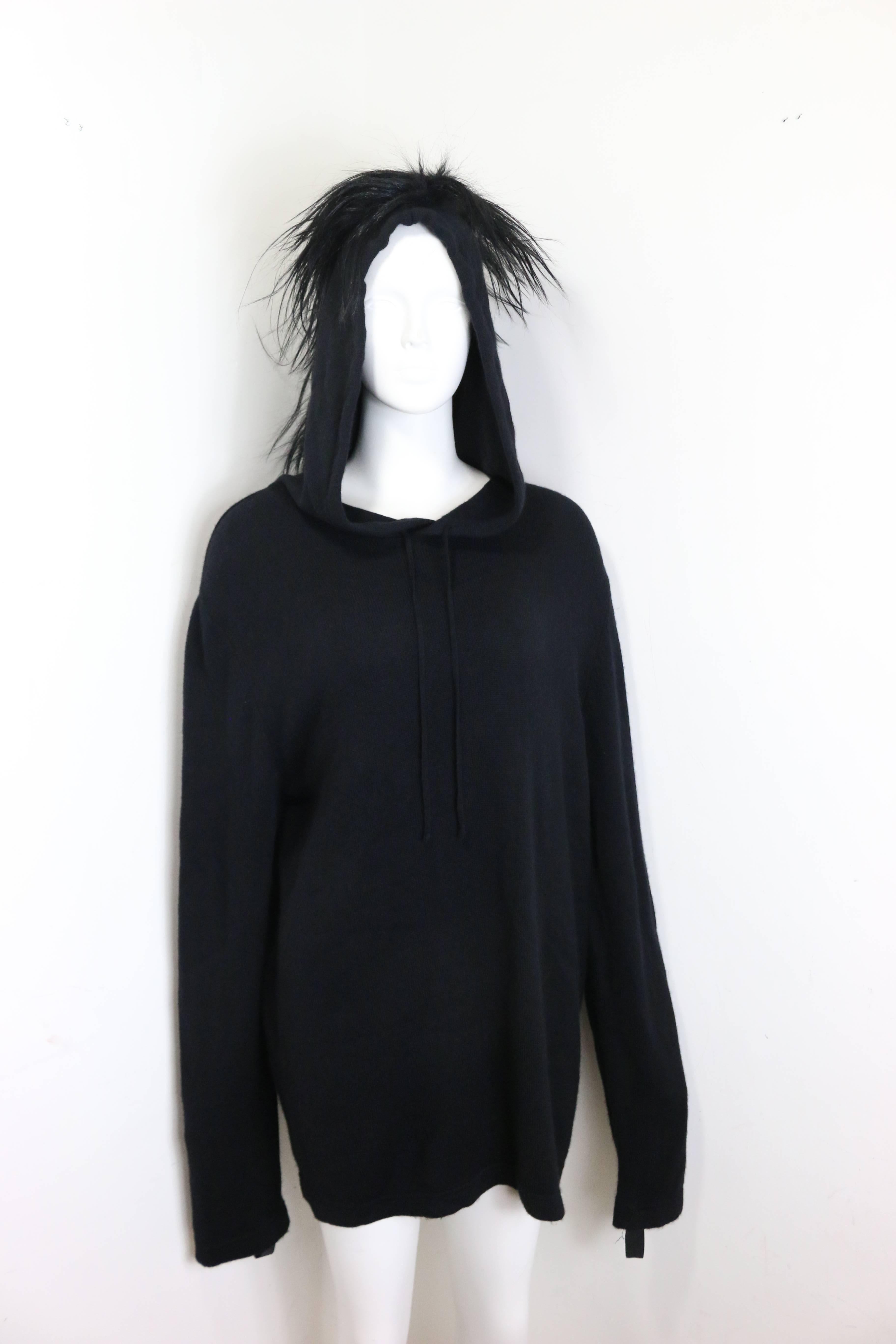 Unique Helmut Lang Black Wool Hoodie with Faux Hair  For Sale 1