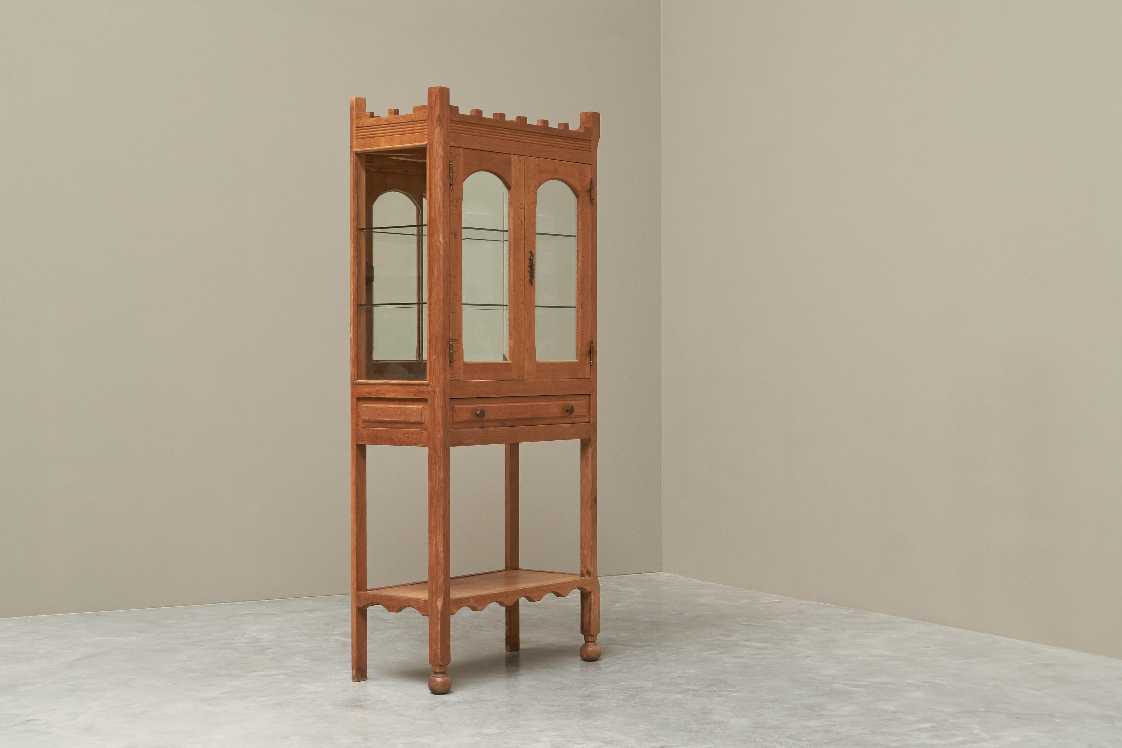 Hand-Crafted Unique Henning Kjaernulf Style Glazed Display Cabinet in Solid Oak 1970s For Sale