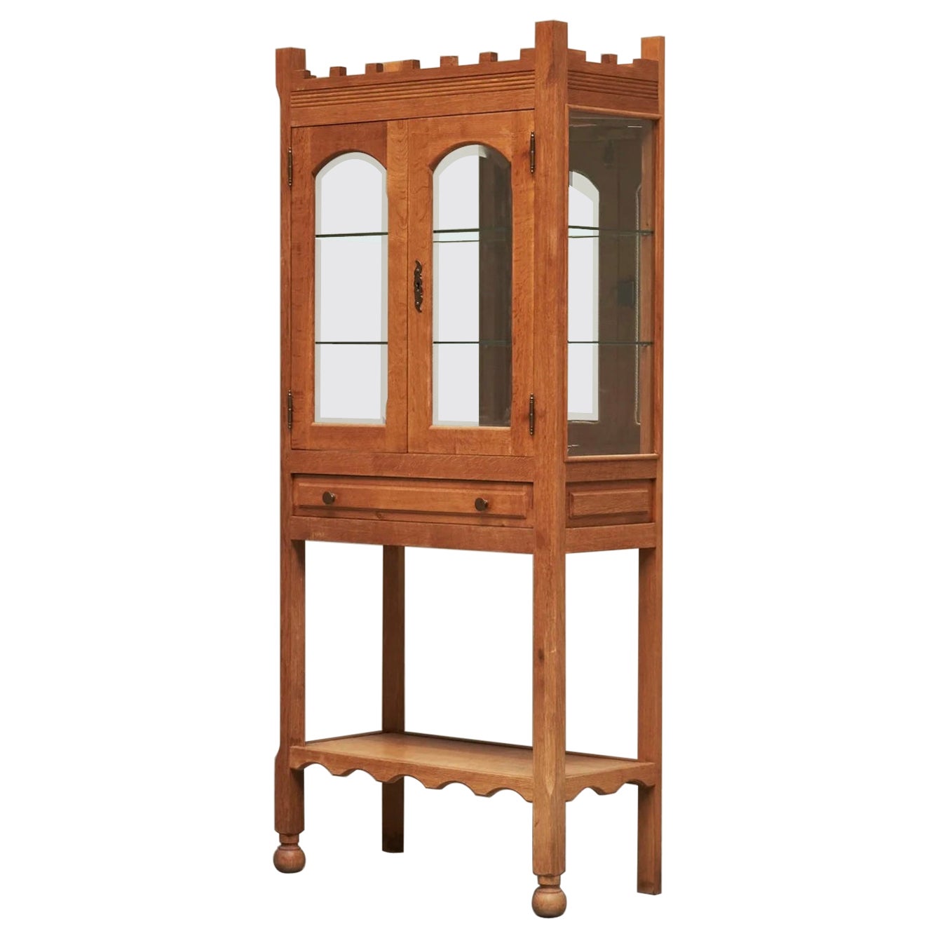 Unique Henning Kjaernulf Style Glazed Display Cabinet in Solid Oak 1970s in vendita