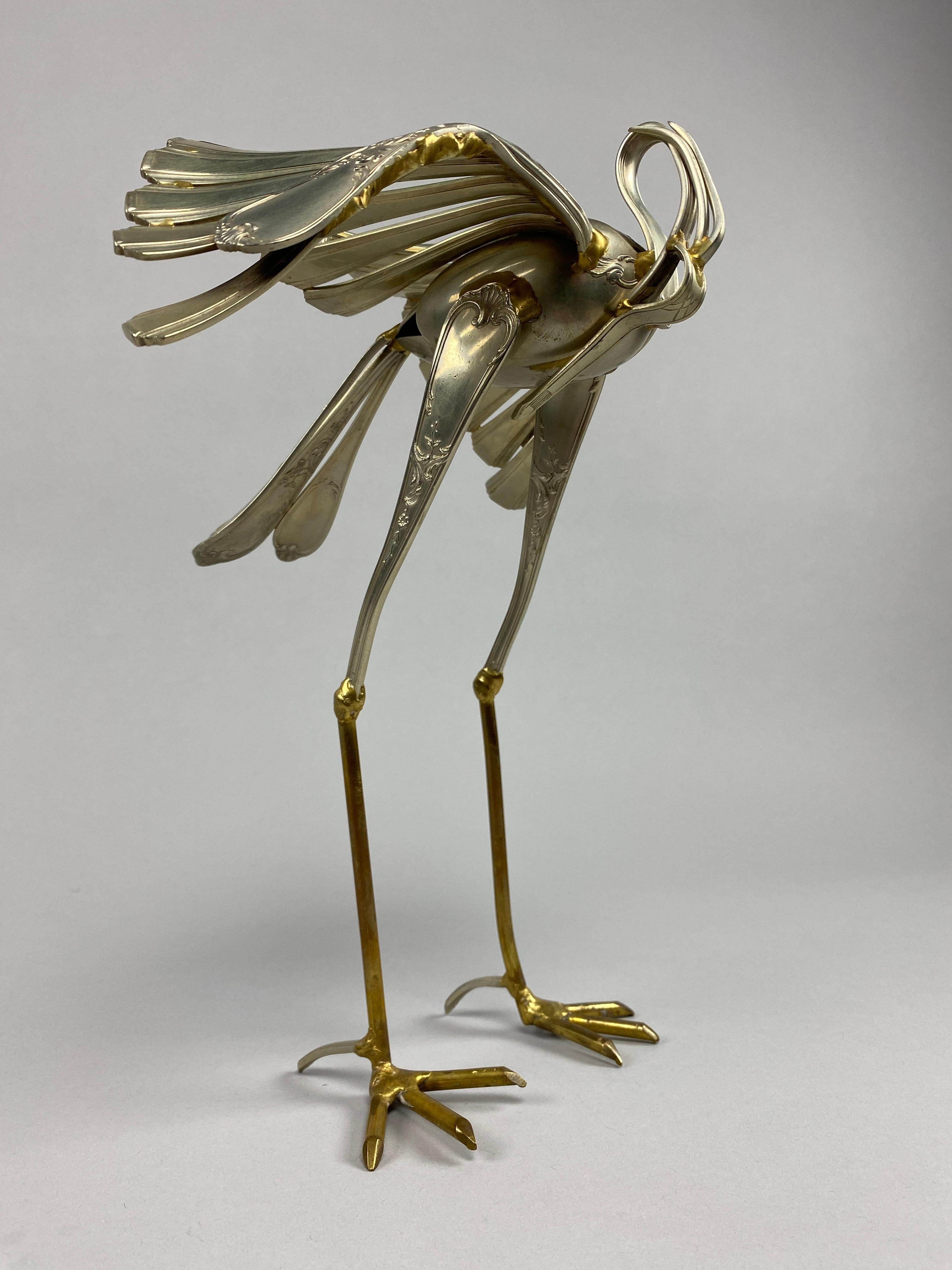 French Unique Heron Cutlery Sculpture by Gerard Bouvier For Sale