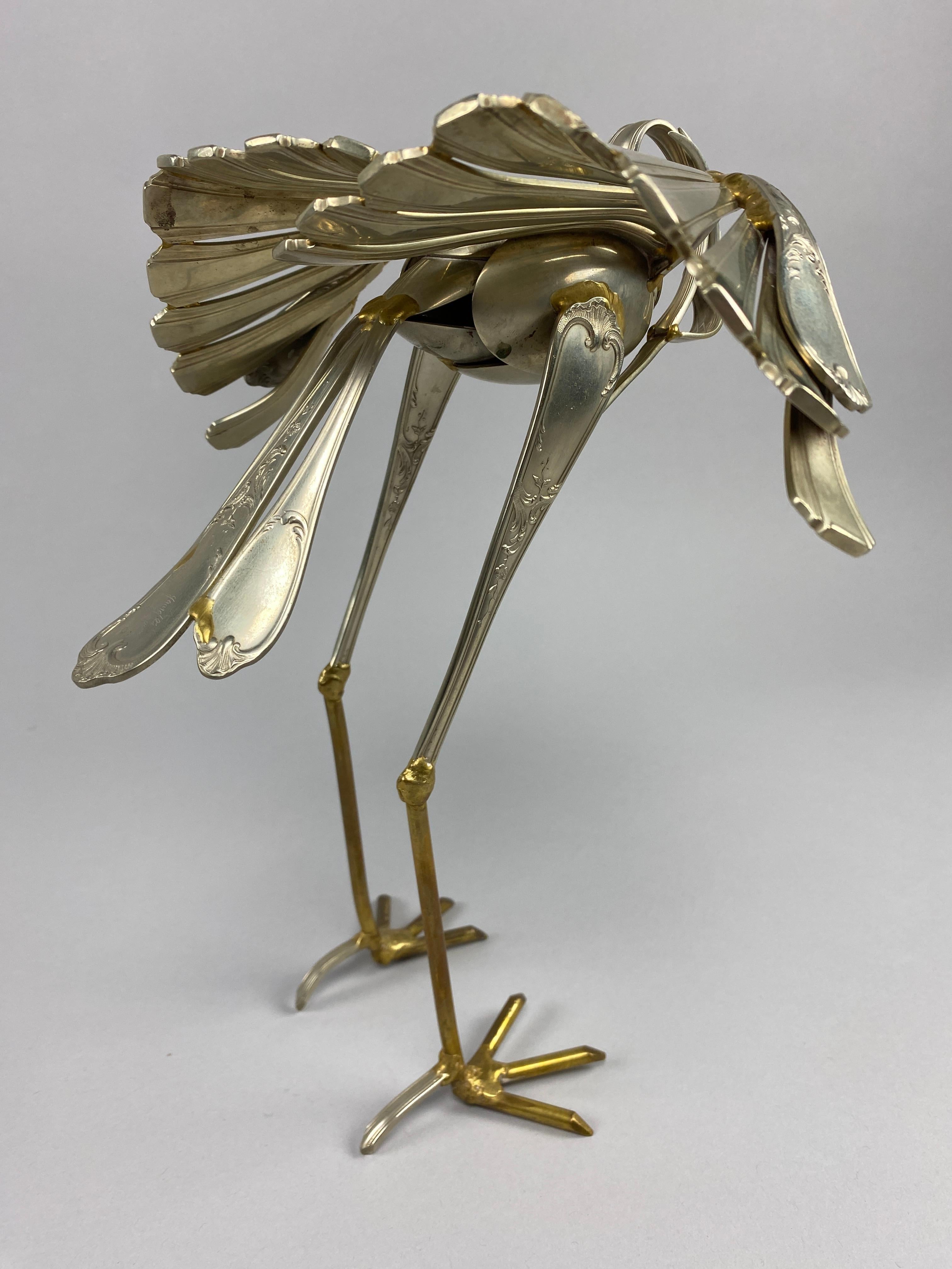 Silvered Unique Heron Cutlery Sculpture by Gerard Bouvier For Sale