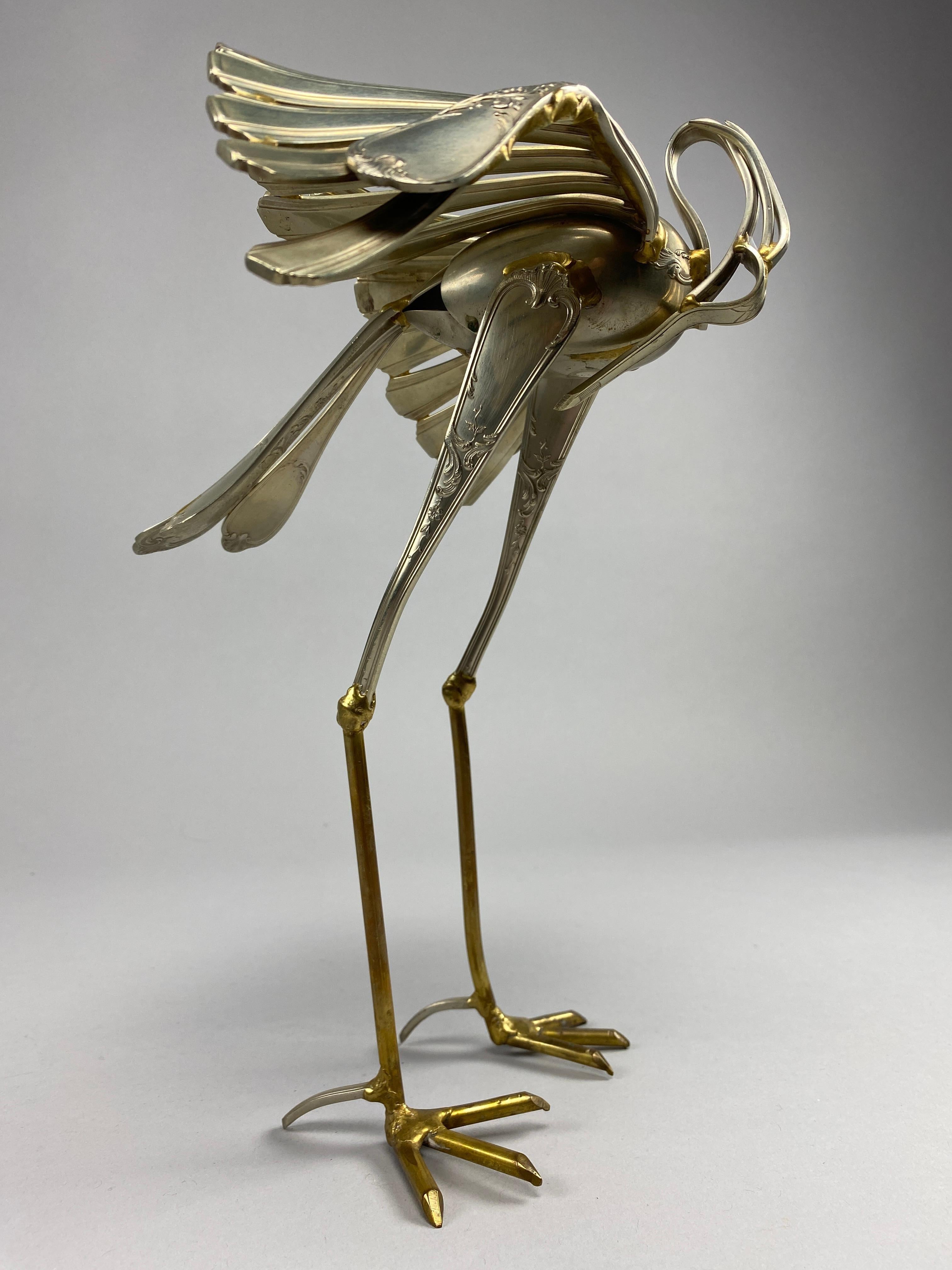 Unique Heron Cutlery Sculpture by Gerard Bouvier In Good Condition For Sale In Weesp, NL