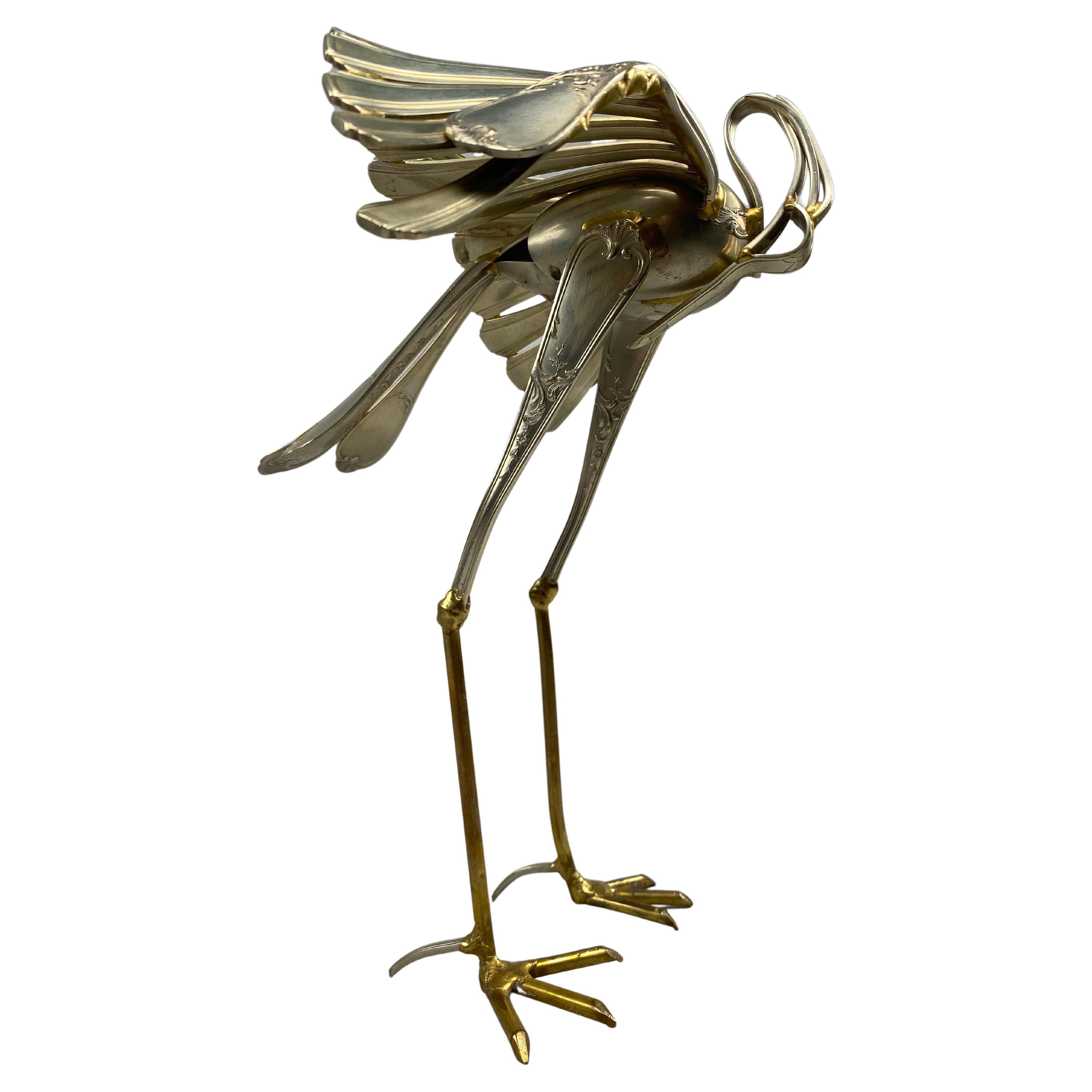 Unique Heron Cutlery Sculpture by Gerard Bouvier For Sale