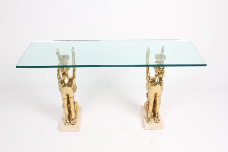 Unique Hollywood Regency Stylized Bronze Griffins Glass Console or Entry Table For Sale 4