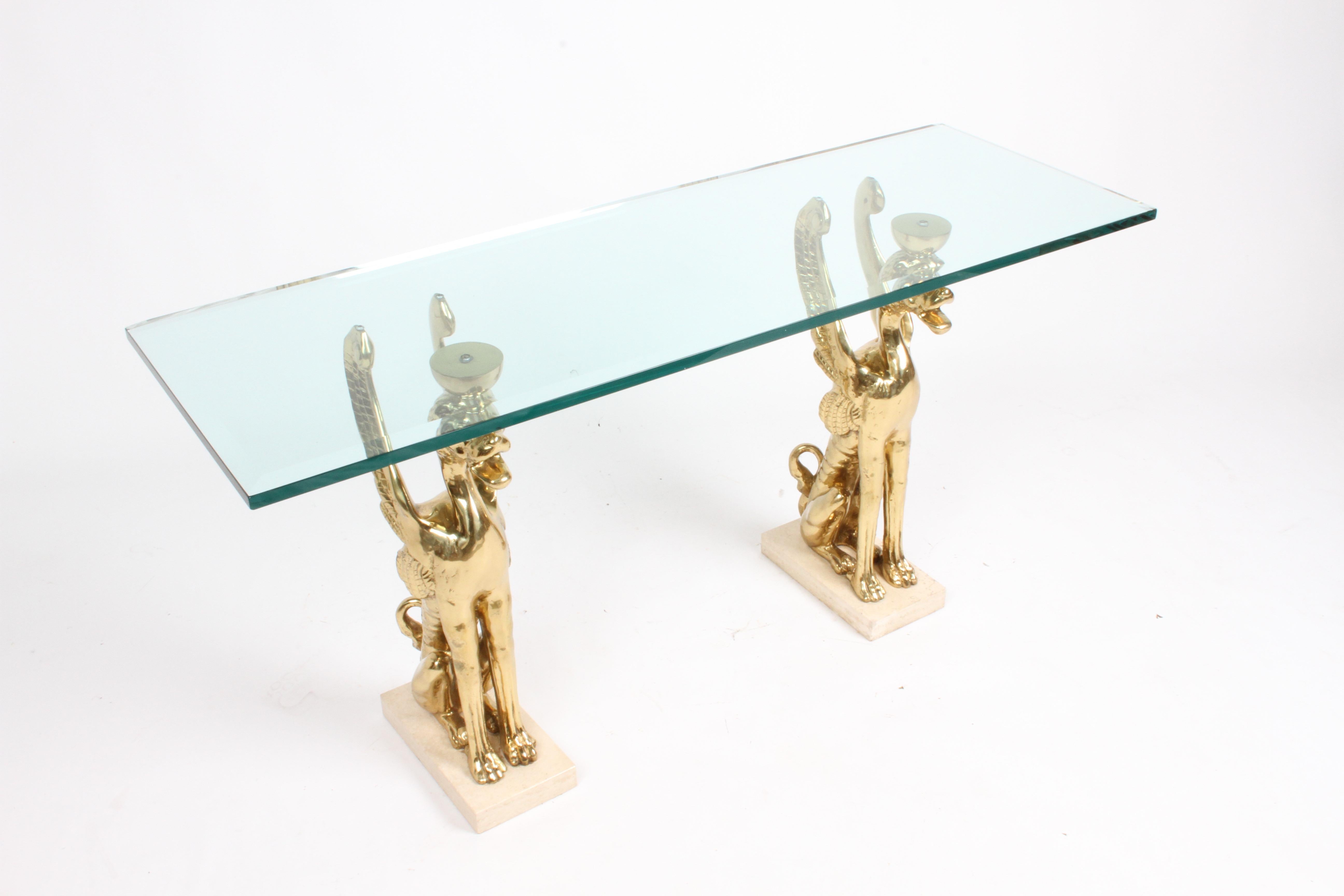Console ou table d'entrée unique style Hollywood Regency en bronze stylisé avec griffons en verre en vente 6