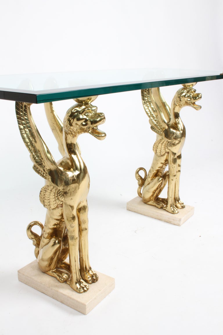 Unique Hollywood Regency Stylized Bronze Griffins Glass Console or Entry Table For Sale 7