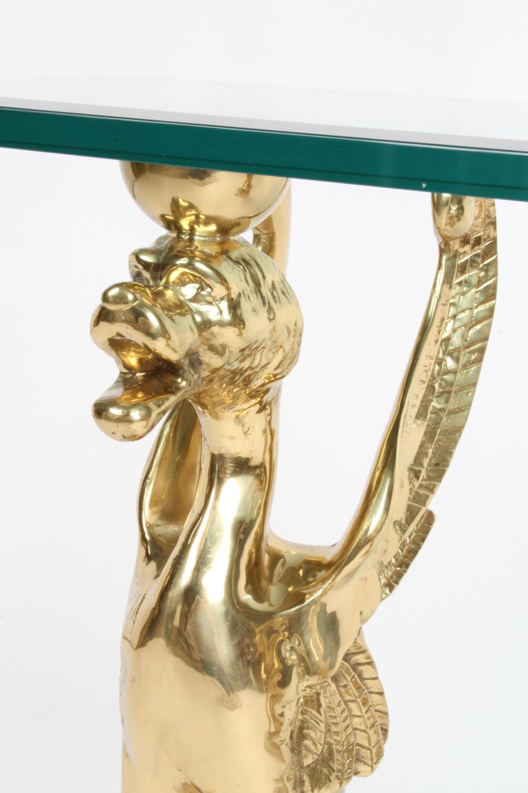 Unique Hollywood Regency Stylized Bronze Griffins Glass Console or Entry Table For Sale 1