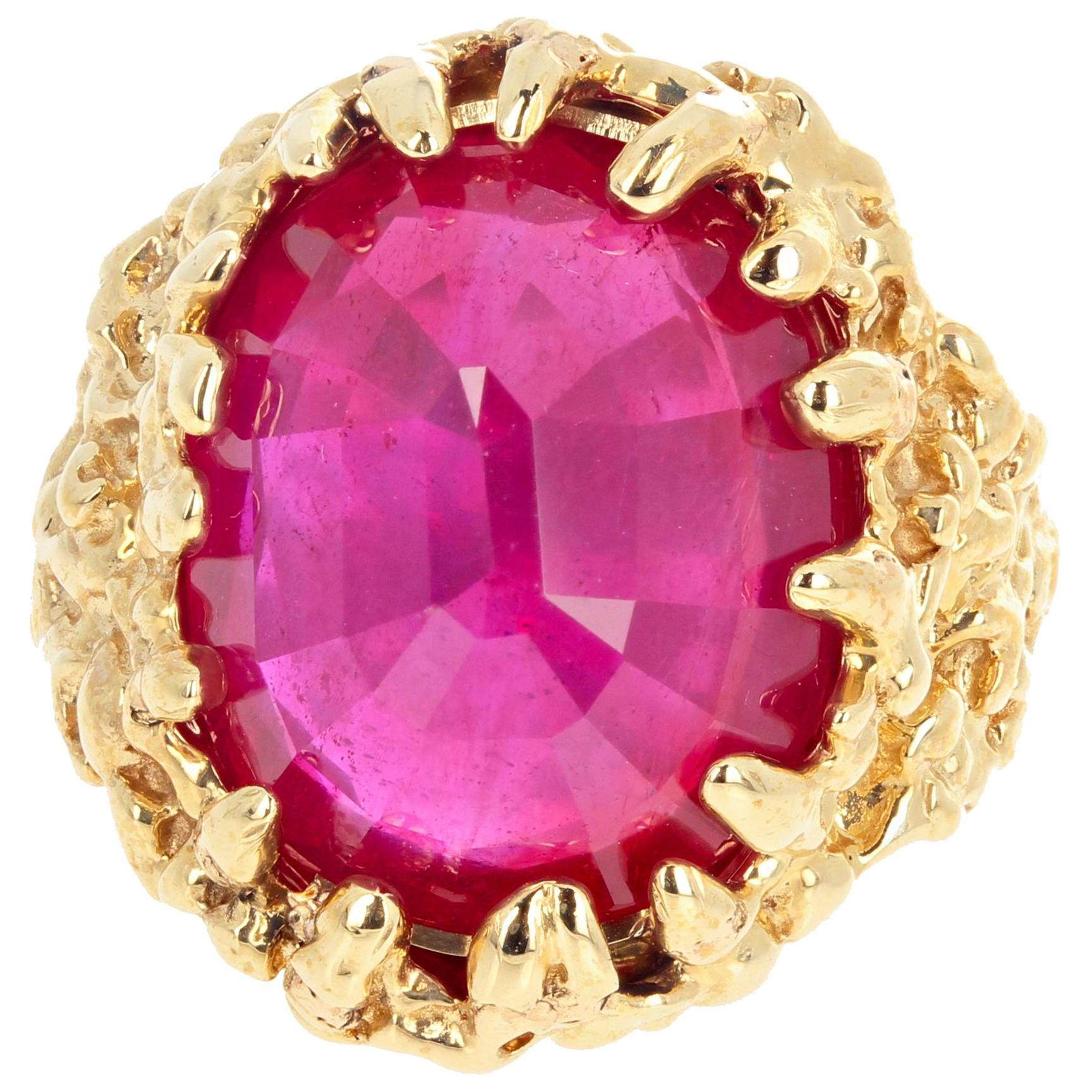 AJD Dramatic Impressive Huge 14 Ct. Ruby in 14 Kt Yellow Gold Cocktail Ring For Sale