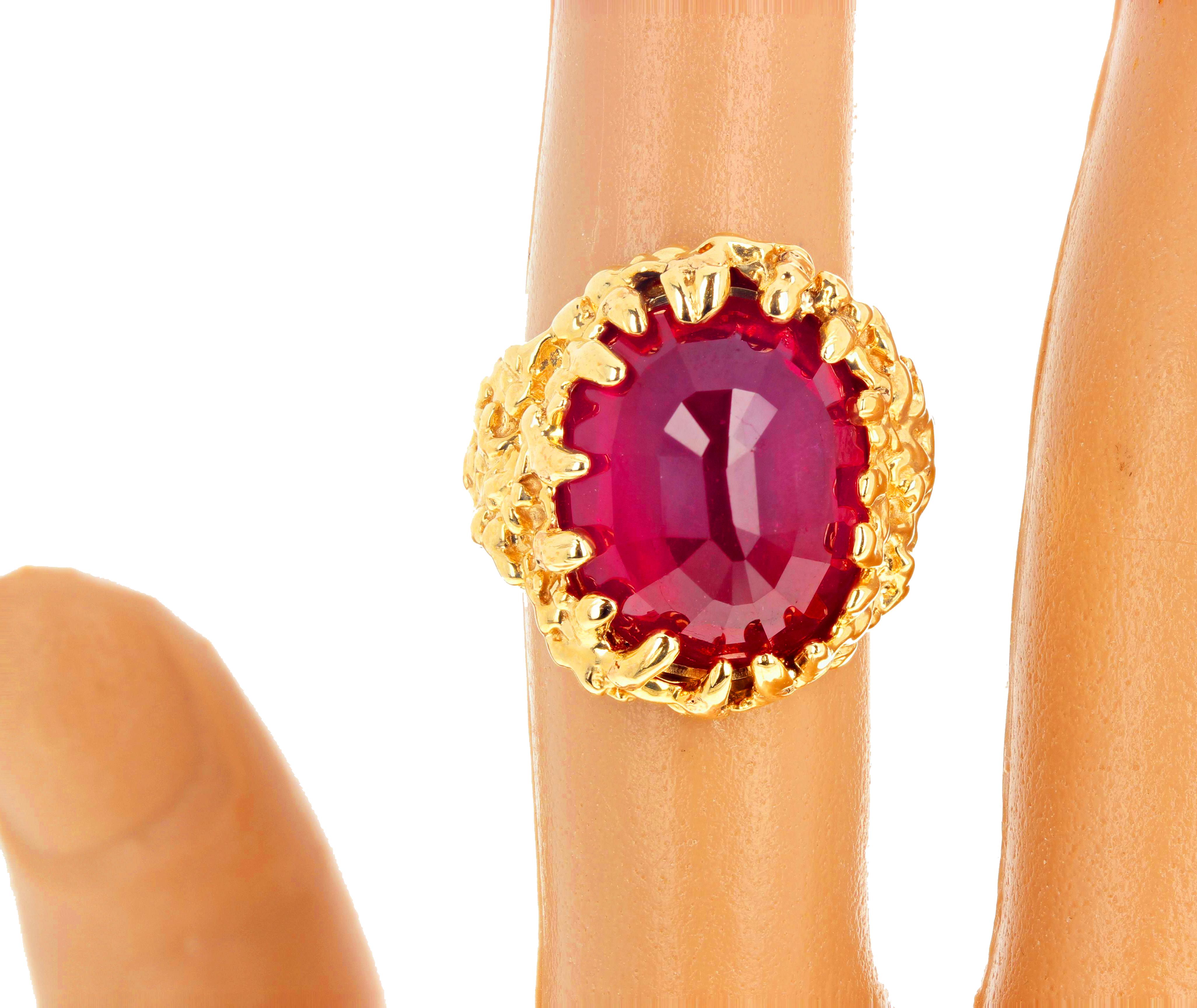 Oval Cut AJD Dramatic Impressive Huge 14 Ct. Ruby in 14 Kt Yellow Gold Cocktail Ring For Sale