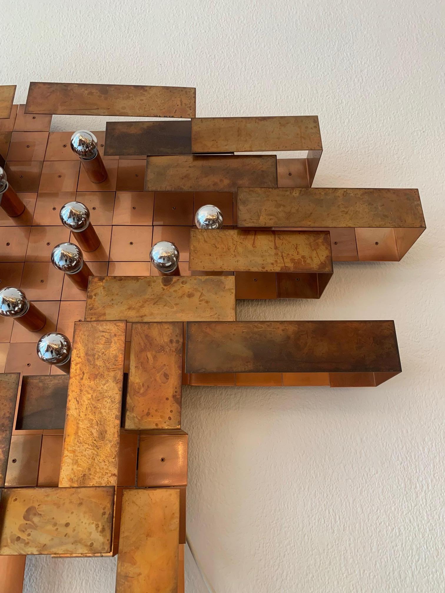 Unique Huge Copper Asymetrical Brutalist Wall Lamp, ca. 1970's For Sale 5