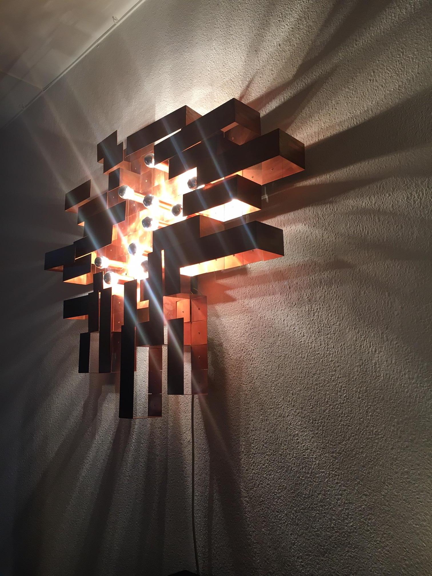 Unique Huge Copper Asymetrical Brutalist Wall Lamp, ca. 1970's For Sale 10