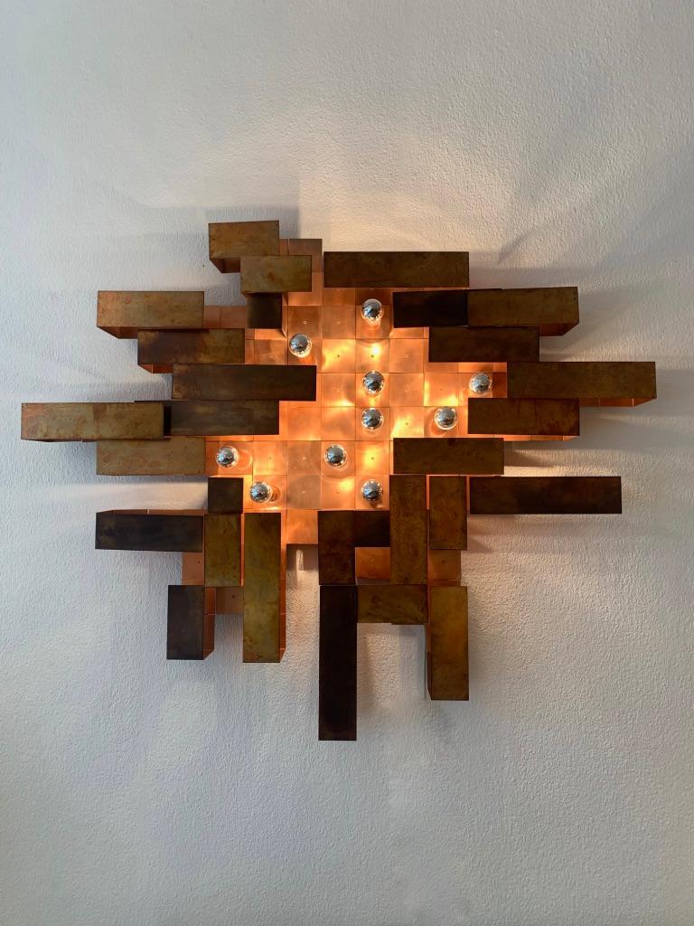Swiss Unique Huge Copper Asymetrical Brutalist Wall Lamp, ca. 1970's For Sale
