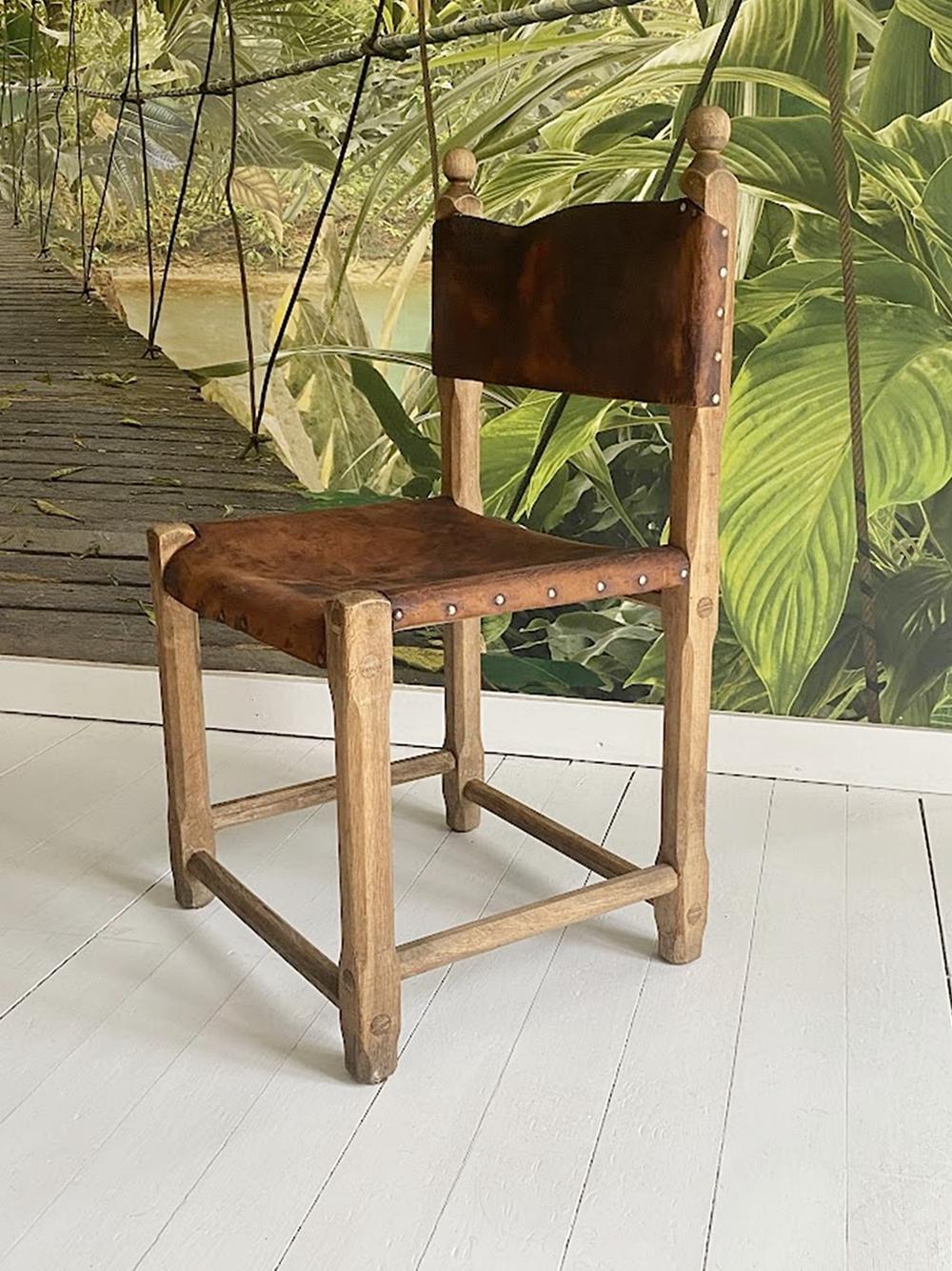 Country Unique Hungarian Artisanal Oak and Leather Chair For Sale
