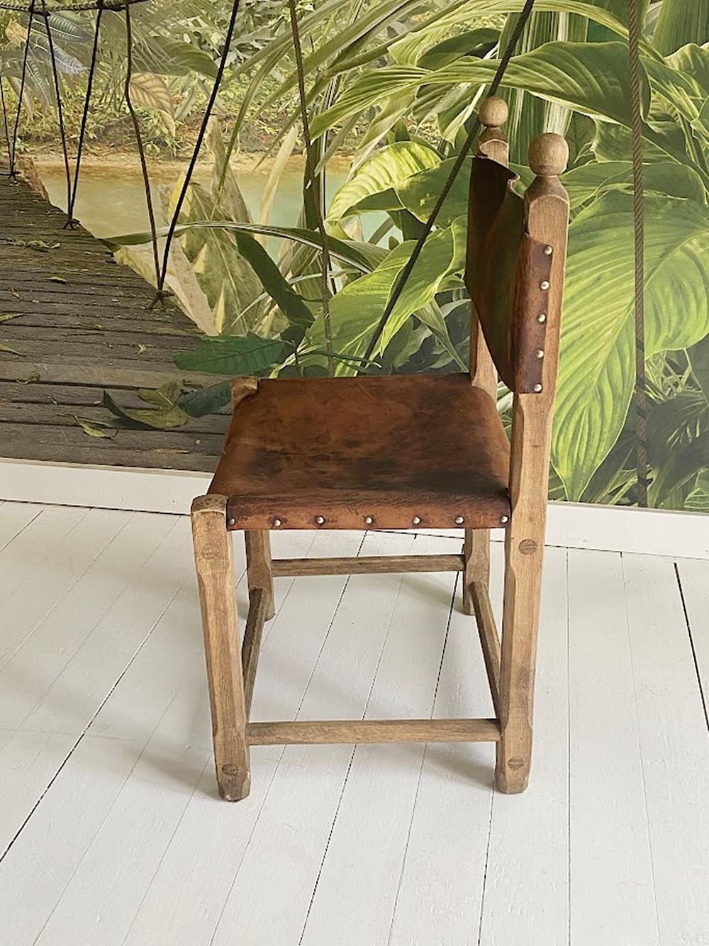 Hand-Crafted Unique Hungarian Artisanal Oak and Leather Chair For Sale