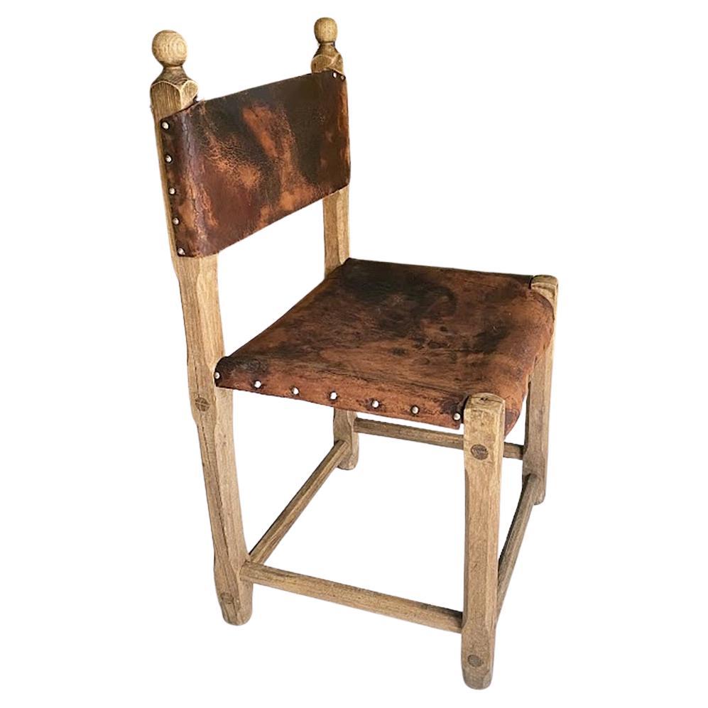 Unique Hungarian Artisanal Oak and Leather Chair For Sale