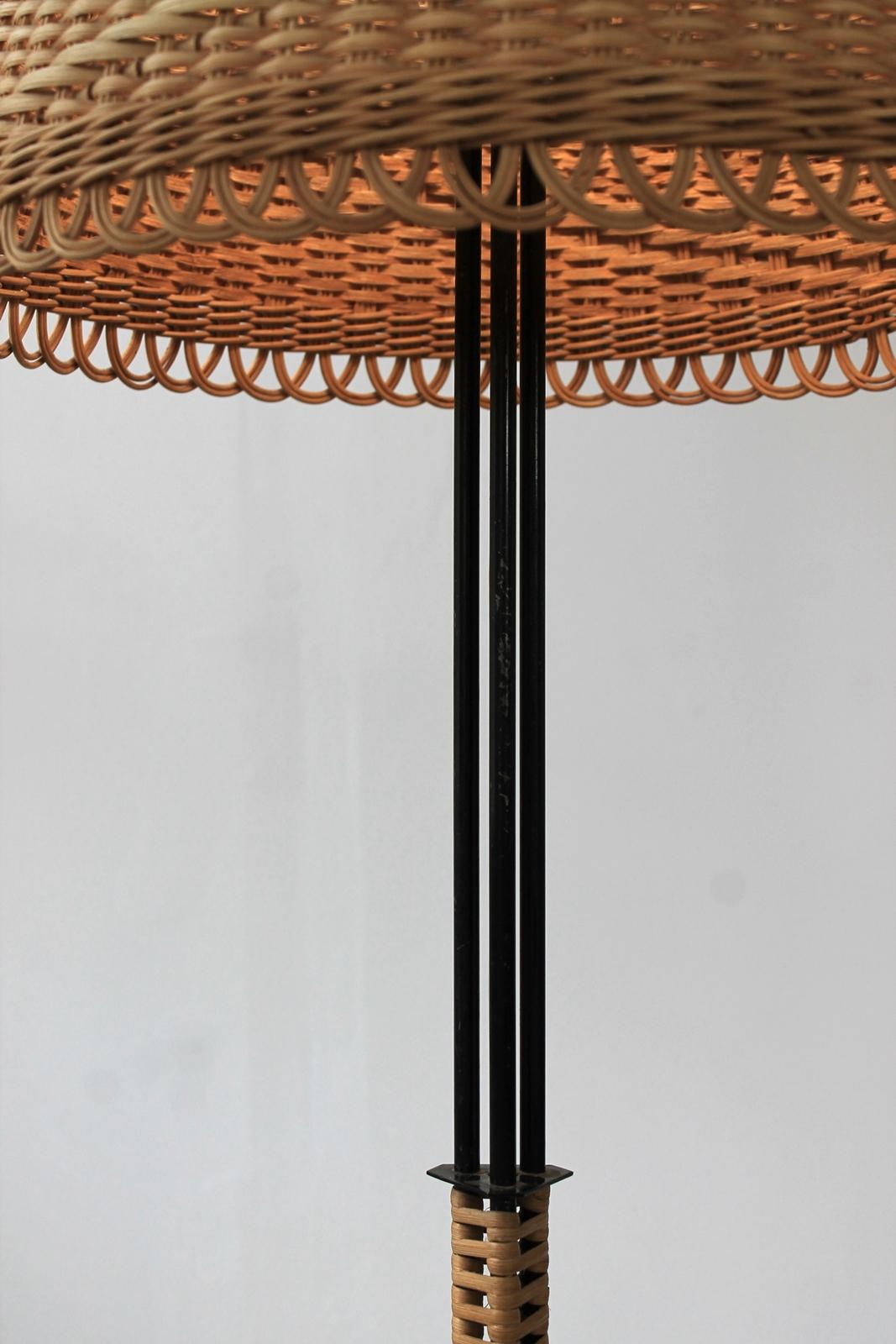 Enameled Unique Hungarian Modernist Iron and Wicker Floor Lamp, 1950s