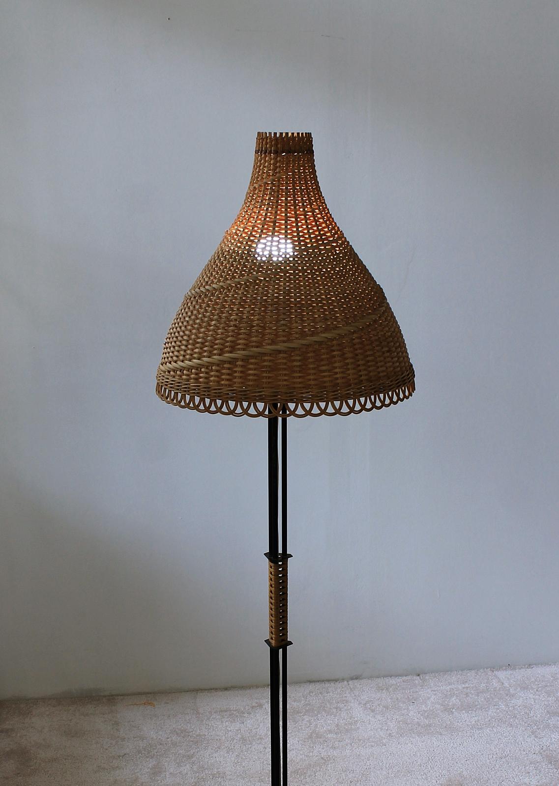 20th Century Unique Hungarian Modernist Iron and Wicker Floor Lamp, 1950s
