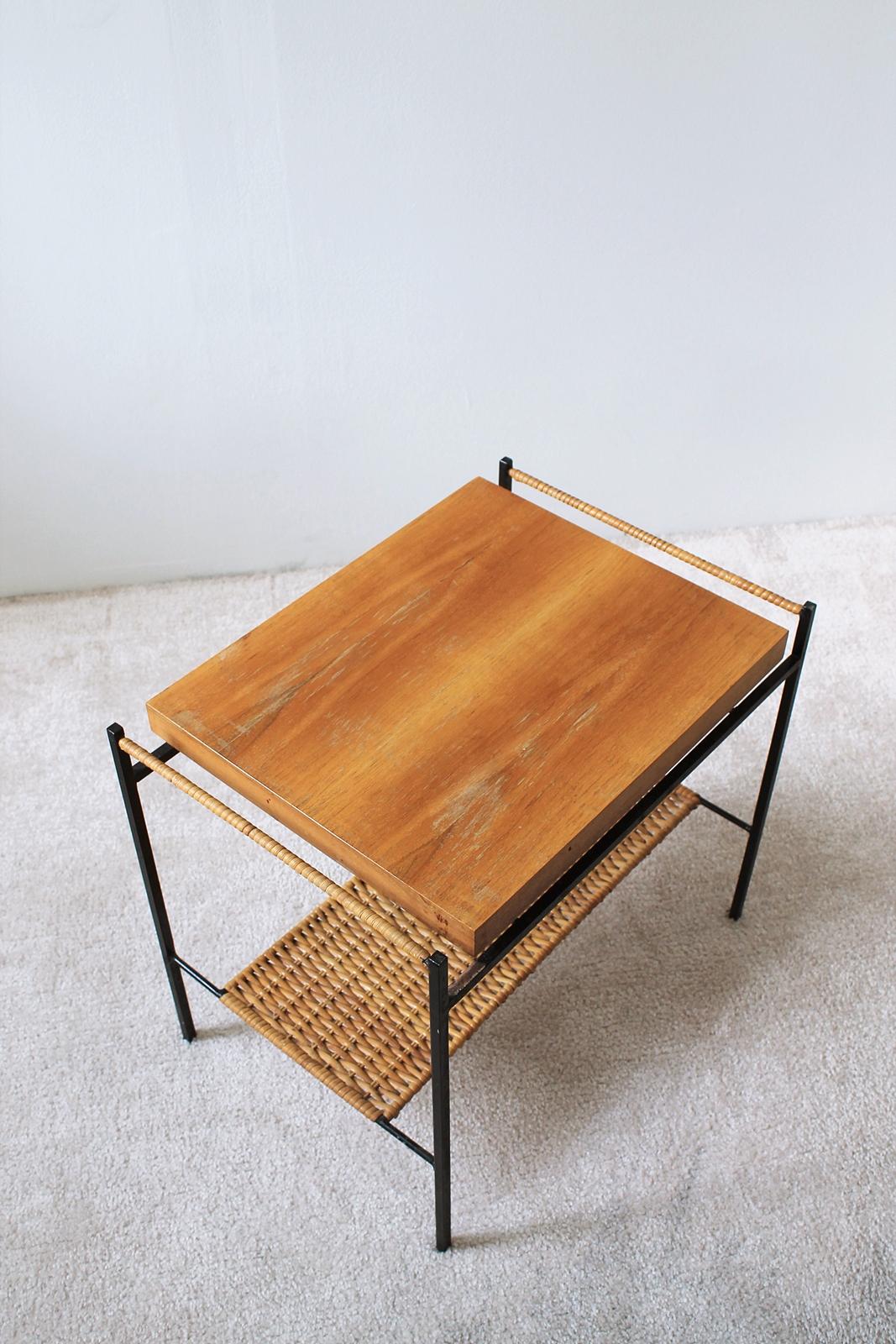 Mid-Century Modern Unique Hungarian Modernist Iron and Wicker Side Table, 1950s