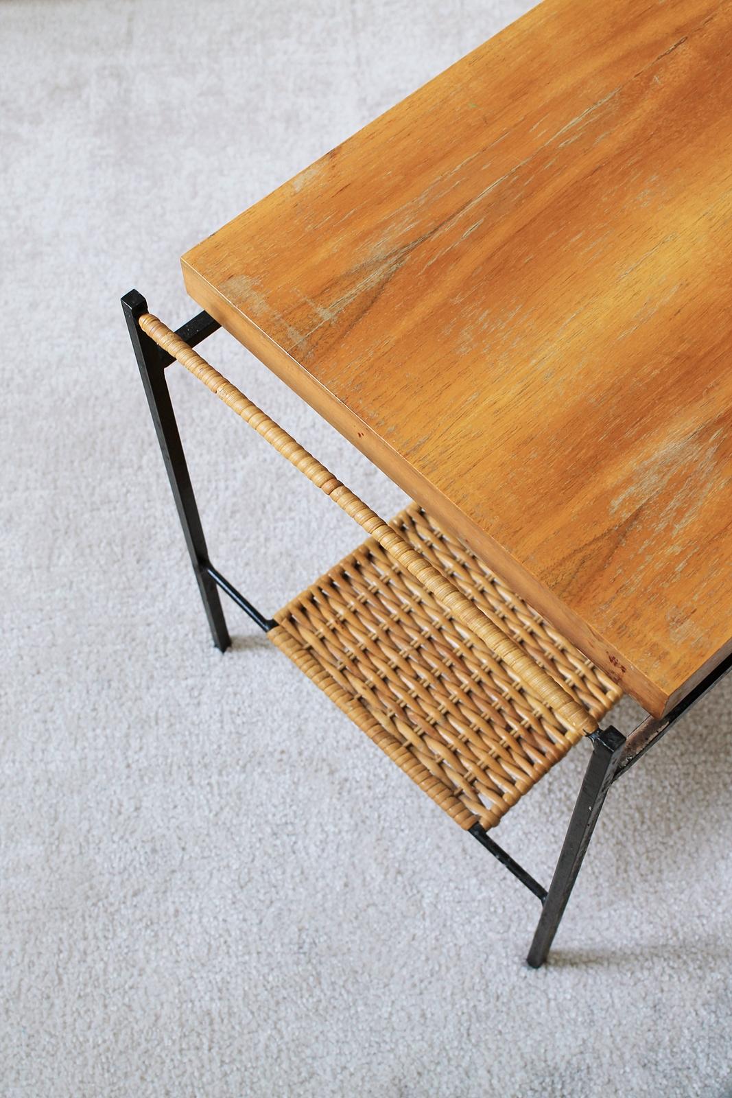 Unique Hungarian Modernist Iron and Wicker Side Table, 1950s 1