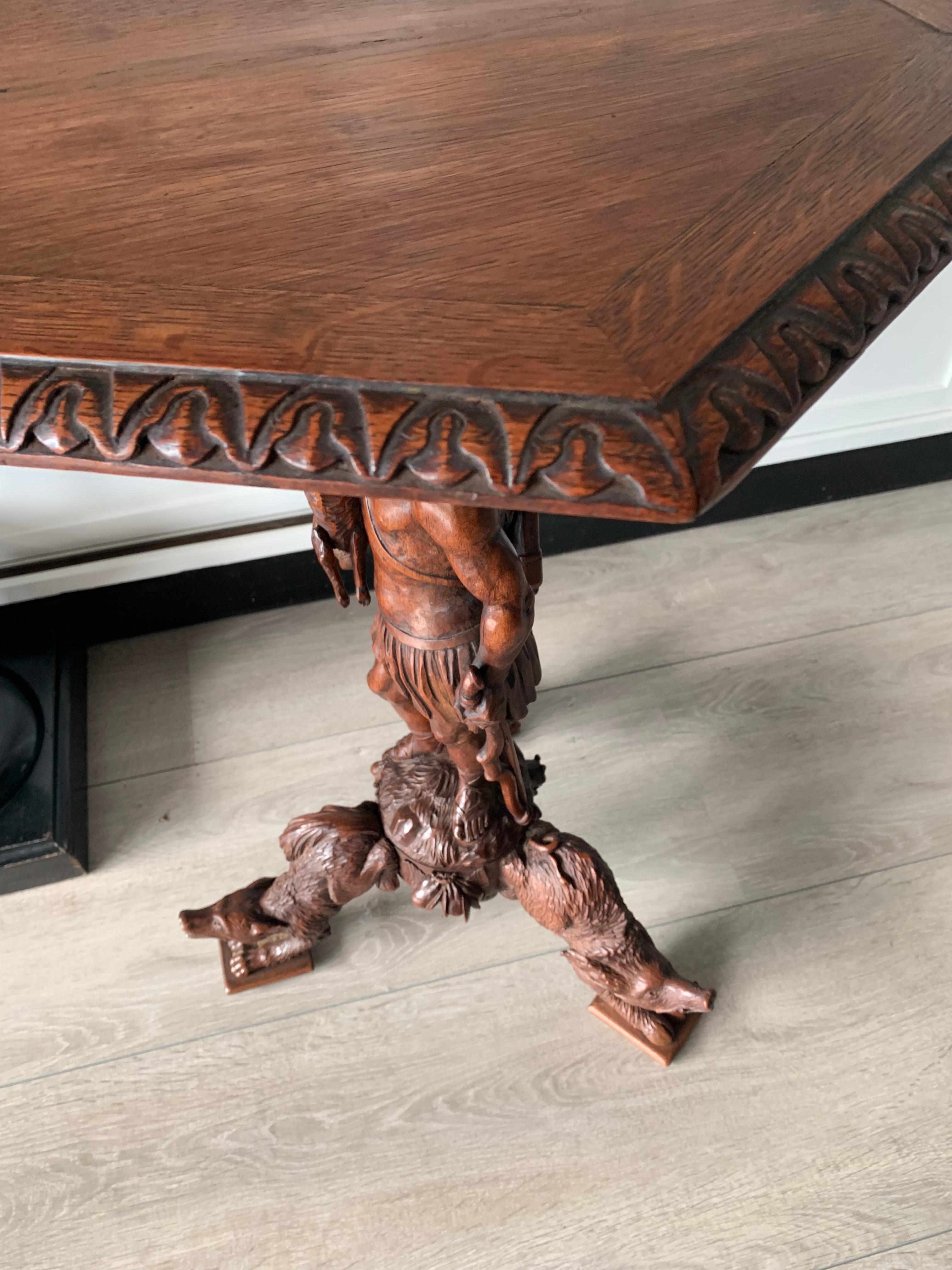 Oak Hunting Theme Table with Hand Carved Native Indian & Sculptural Animal Legs