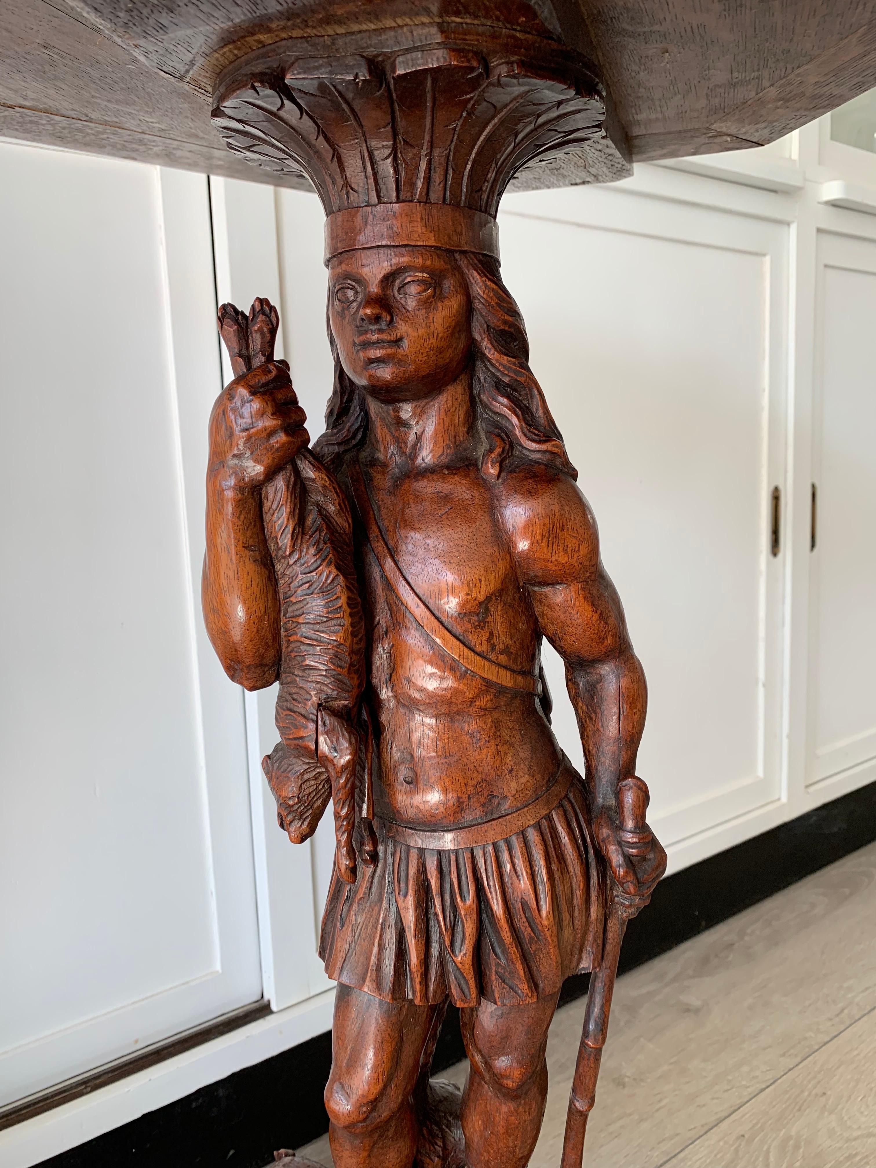 19th Century Hunting Theme Table with Hand Carved Native Indian & Sculptural Animal Legs