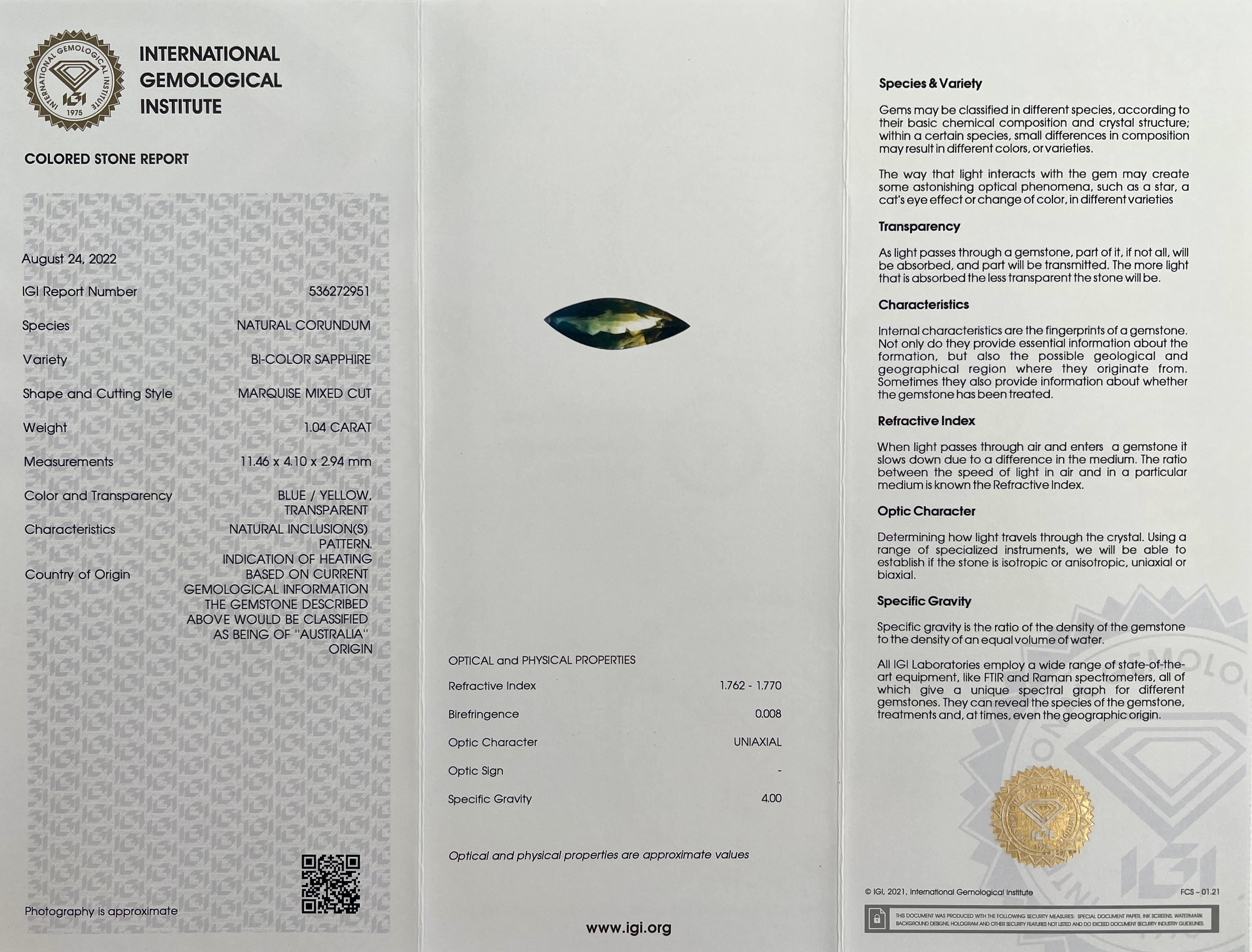 Unique IGI Certified Bi Colour Sapphire 1.04ct Marquise Cut 18k White Gold Ring In New Condition For Sale In Birmingham, GB