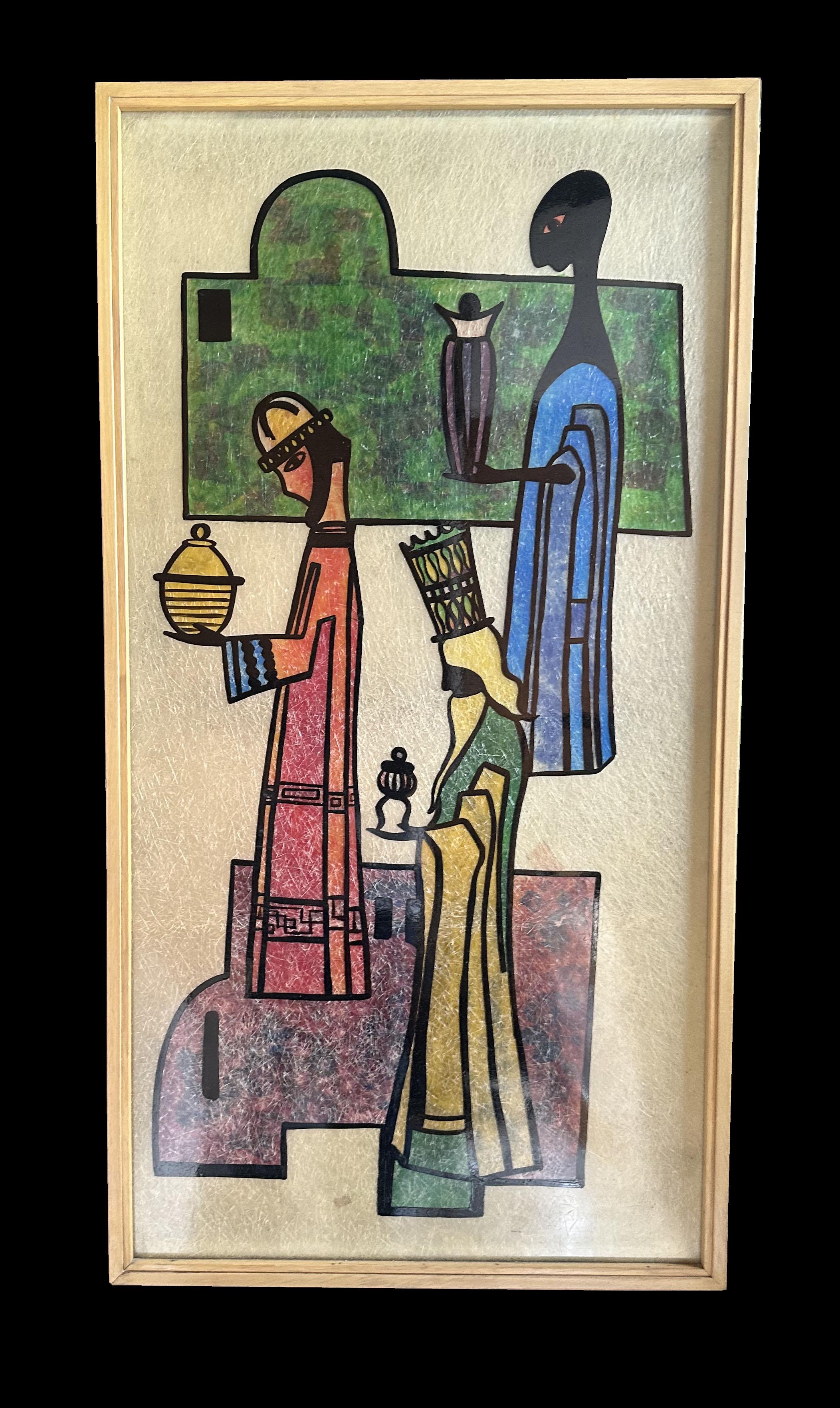 This wonderful backlit painting on fiberglass was original to an architect designed home and was unique to this property. Unfortunately we have been unable to trace the artist yet but there are many details that draw on influences of contemporary