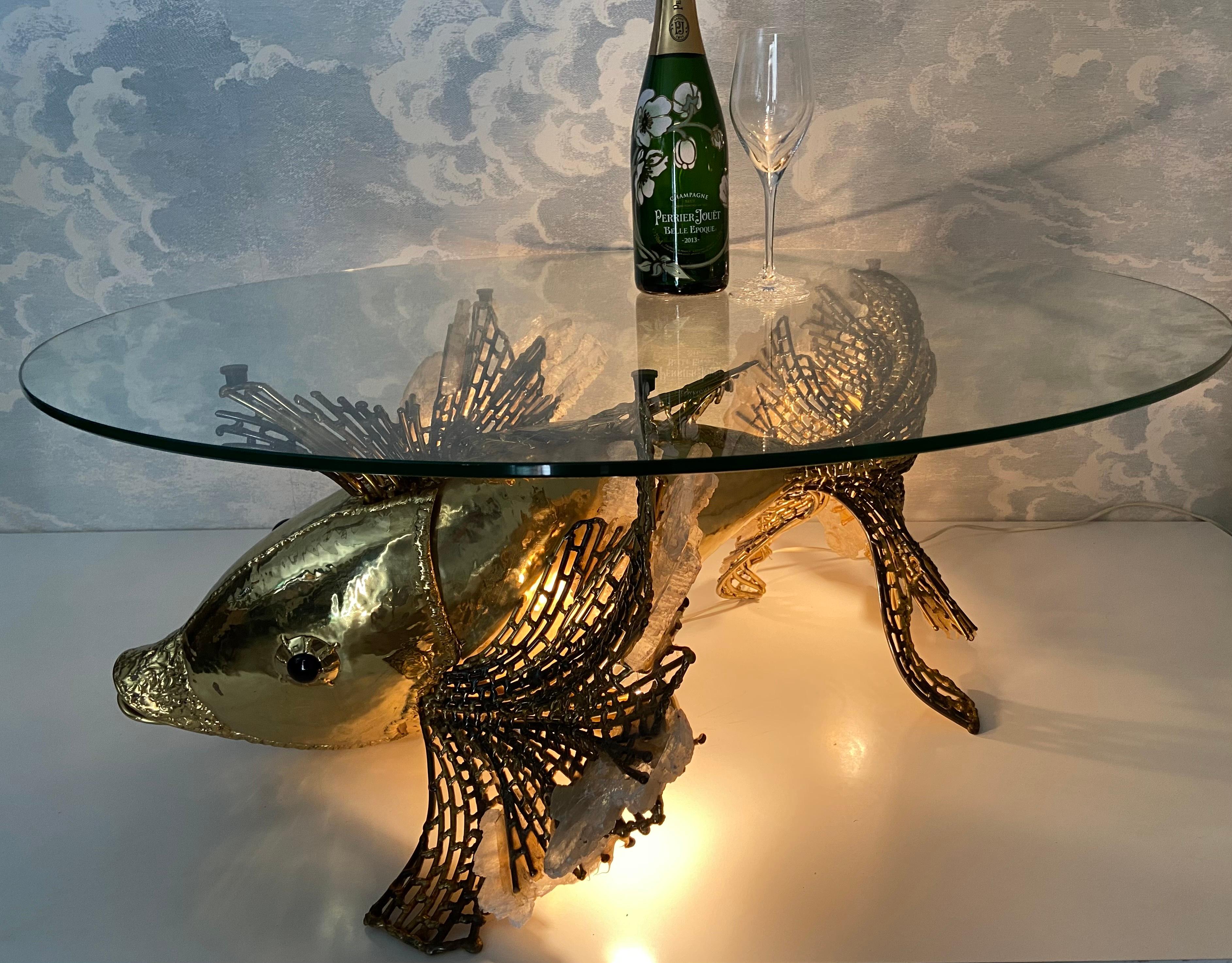 Mid-Century Modern Unique illuminated Sculptural Brass-Fish Coffee Table, Isabelle & Richard Fauré For Sale