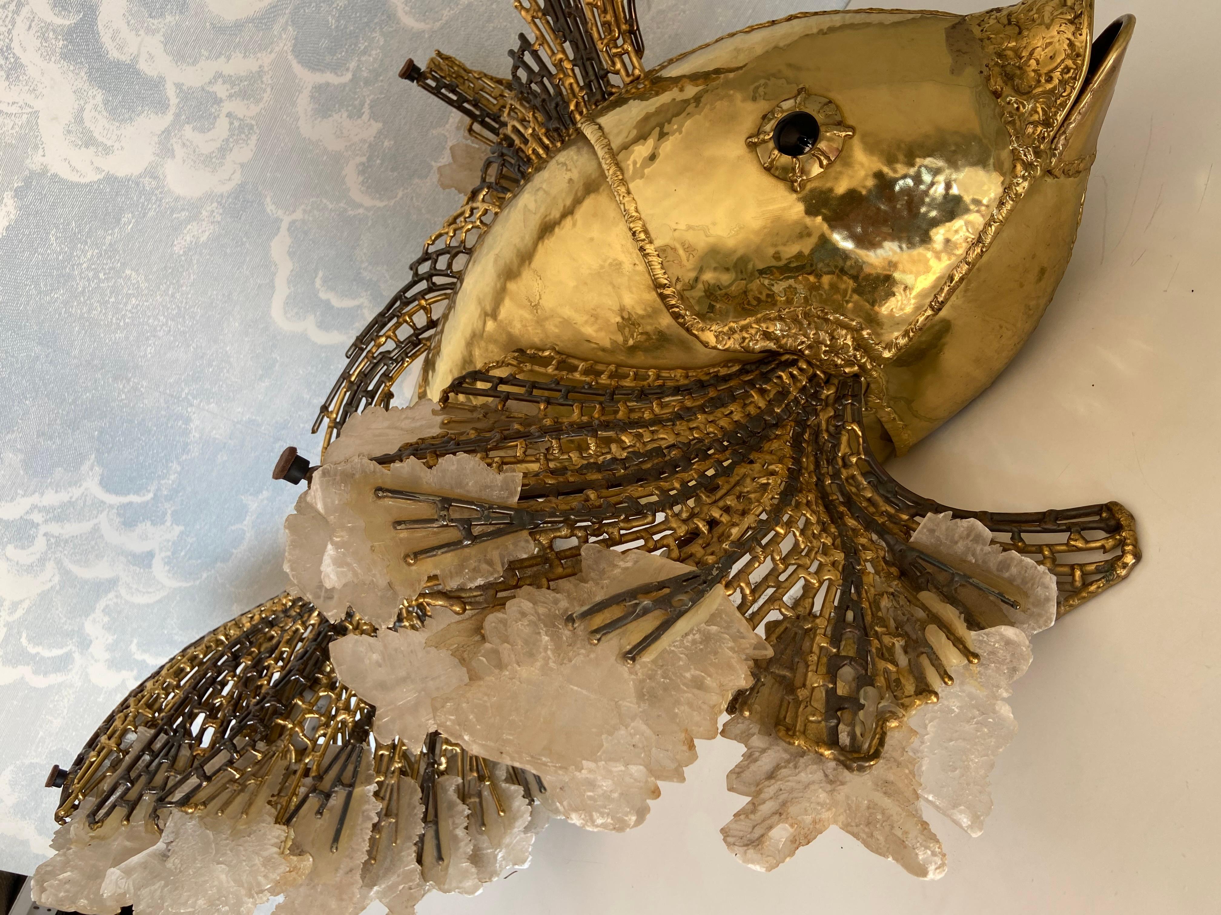 Patinated Unique illuminated Sculptural Brass-Fish Coffee Table, Isabelle & Richard Fauré For Sale