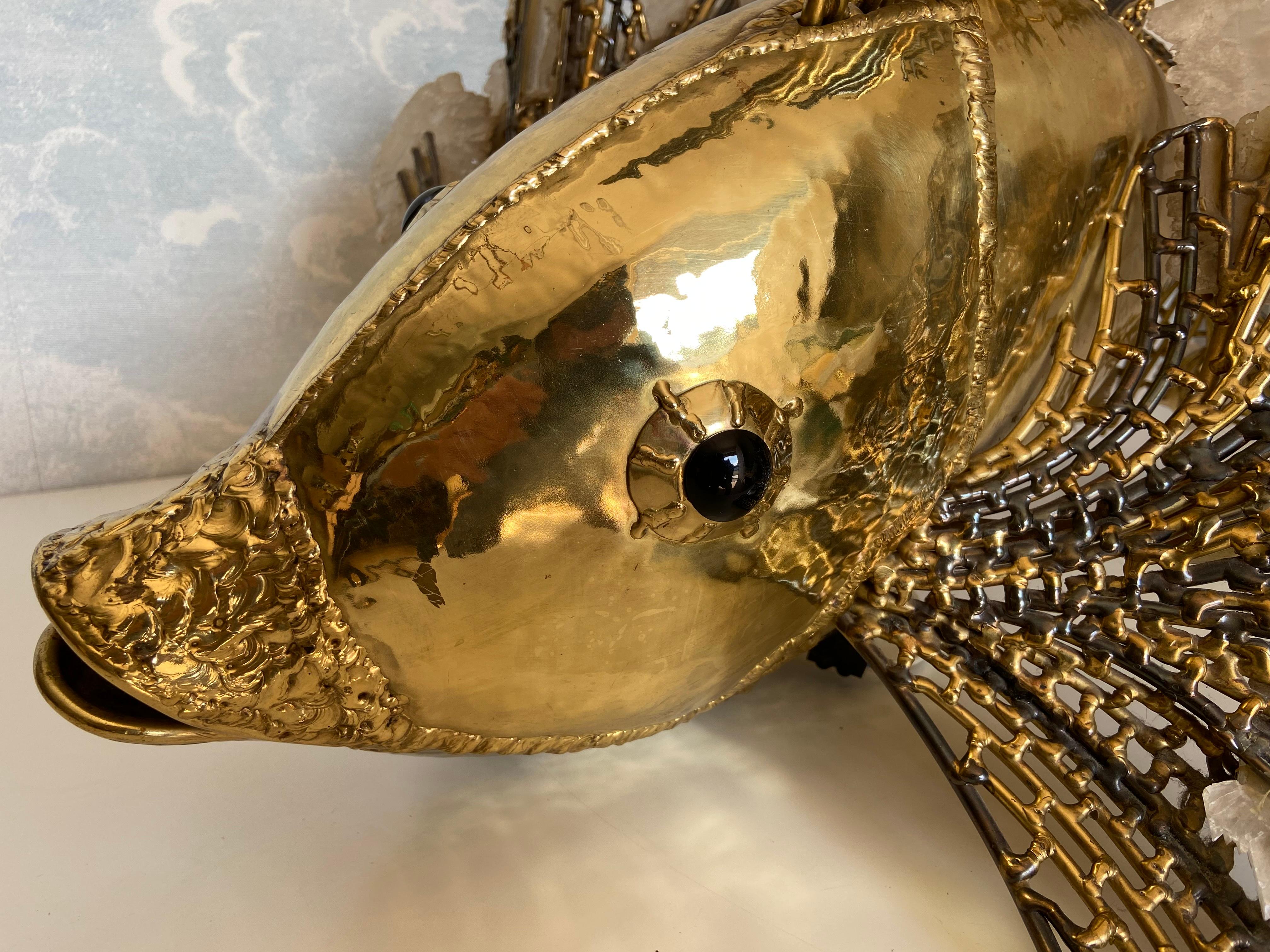 Unique illuminated Sculptural Brass-Fish Coffee Table, Isabelle & Richard Fauré In Good Condition For Sale In Cork, IE