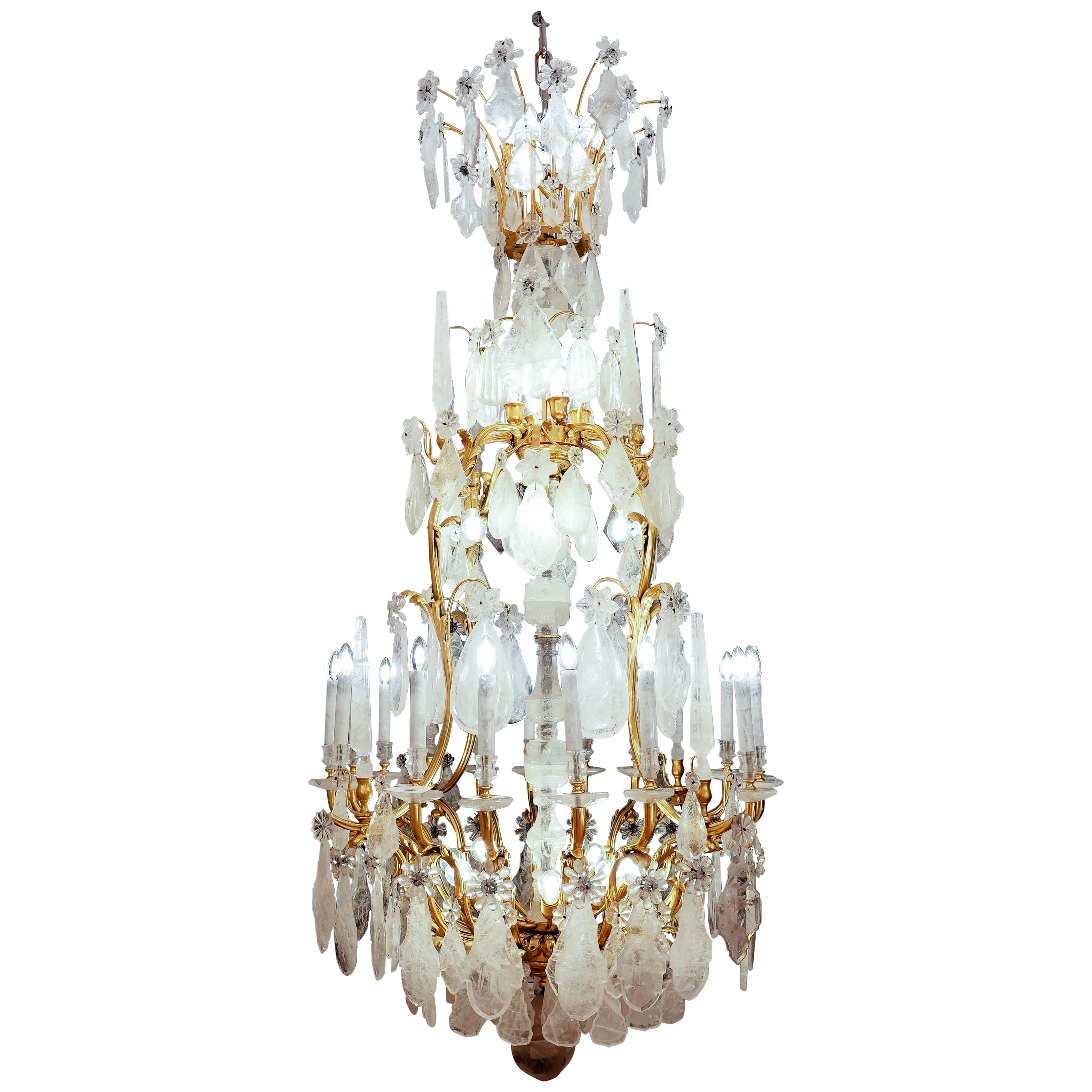 Lampadario in cristallo di rocca e bronzo dorato di Georges Hoentschel, unico nel suo genere.