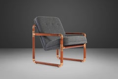 Unique Industrial Brass and Walnut Lounge Chair w/ Gray Tweed Upholstery, USA