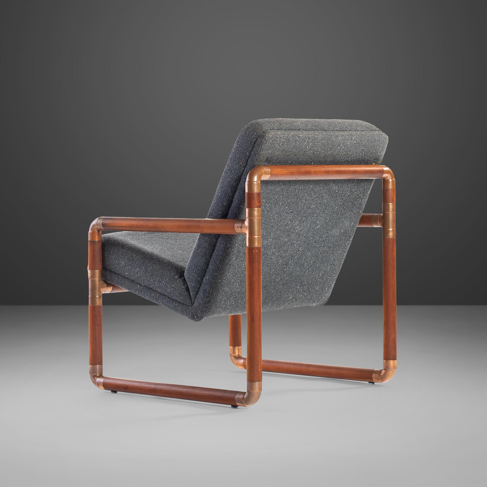 Unique Industrial Brass and Walnut Lounge Chair w/ Gray Tweed Upholstery, USA For Sale 9