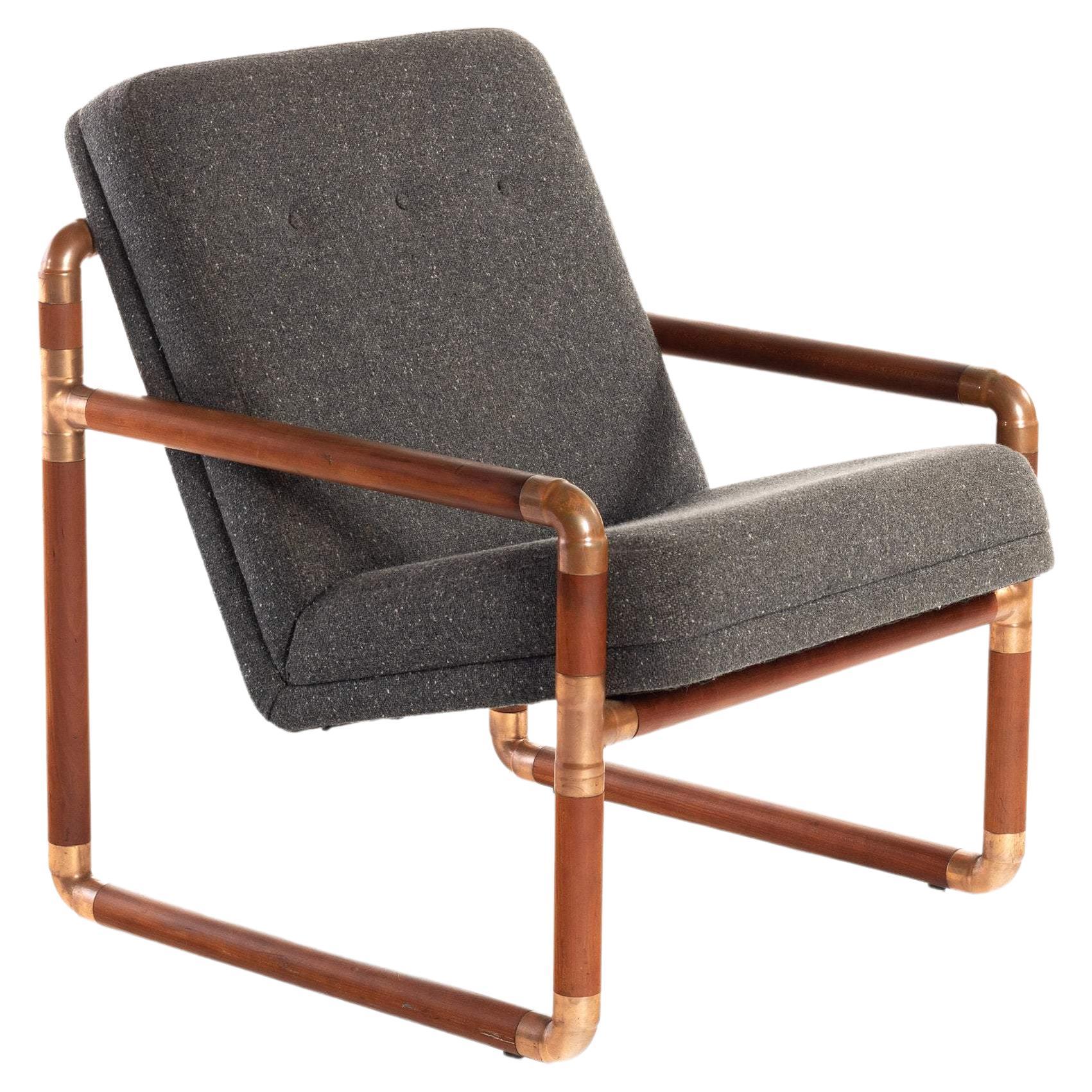 Unique Industrial Brass and Walnut Lounge Chair w/ Gray Tweed Upholstery, USA For Sale