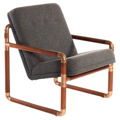 Unique Industrial Brass and Walnut Lounge Chair w/ Gray Tweed Upholstery, USA