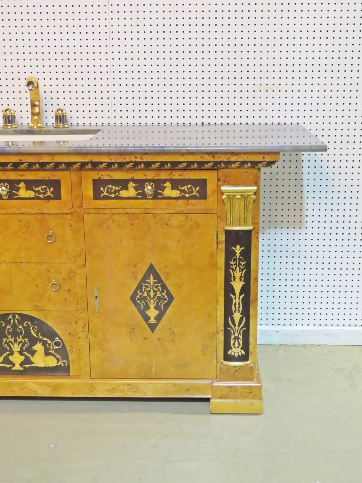 Neoclassical Revival Unique Inlaid Neoclassical Style Sink Vanity with Marble Top Lapis Faucet