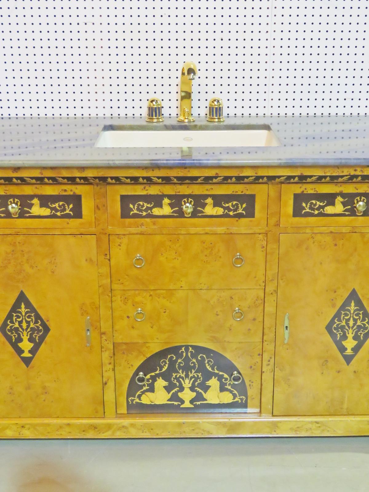European Unique Inlaid Neoclassical Style Sink Vanity with Marble Top Lapis Faucet