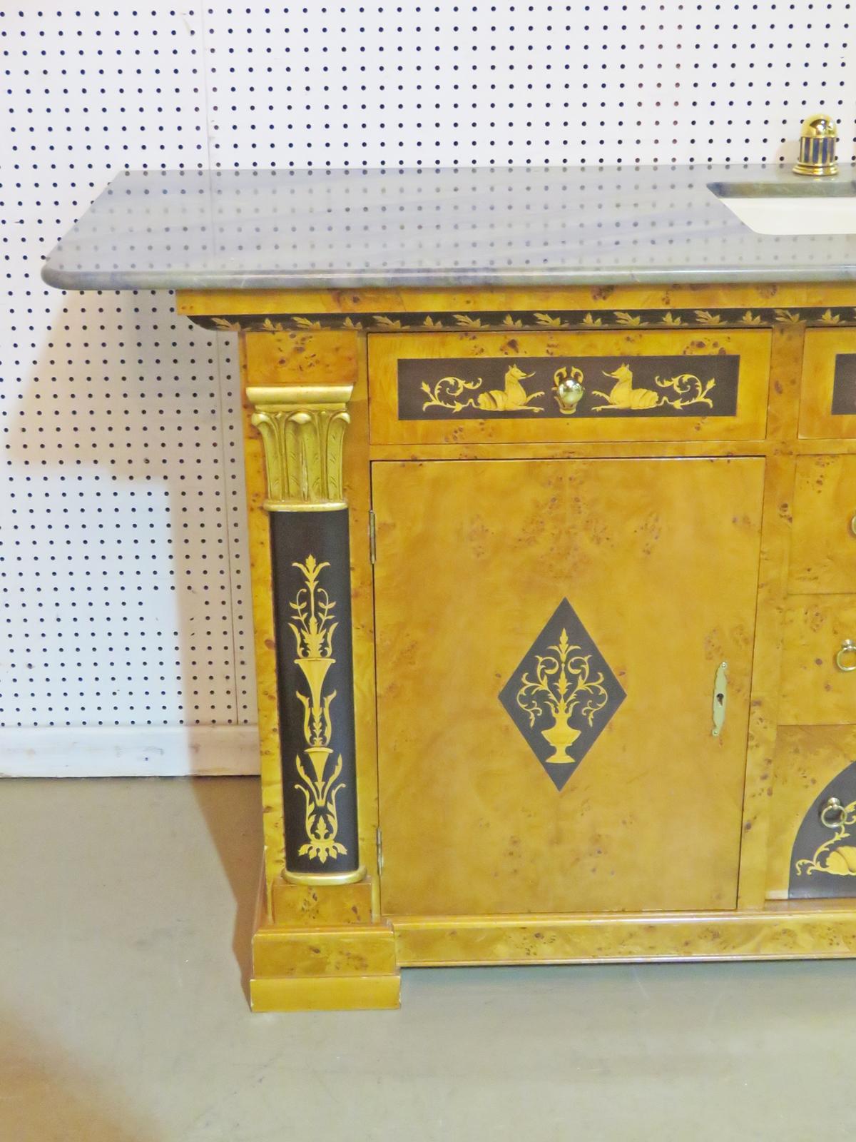 Unique Inlaid Neoclassical Style Sink Vanity with Marble Top Lapis Faucet In Good Condition In Swedesboro, NJ