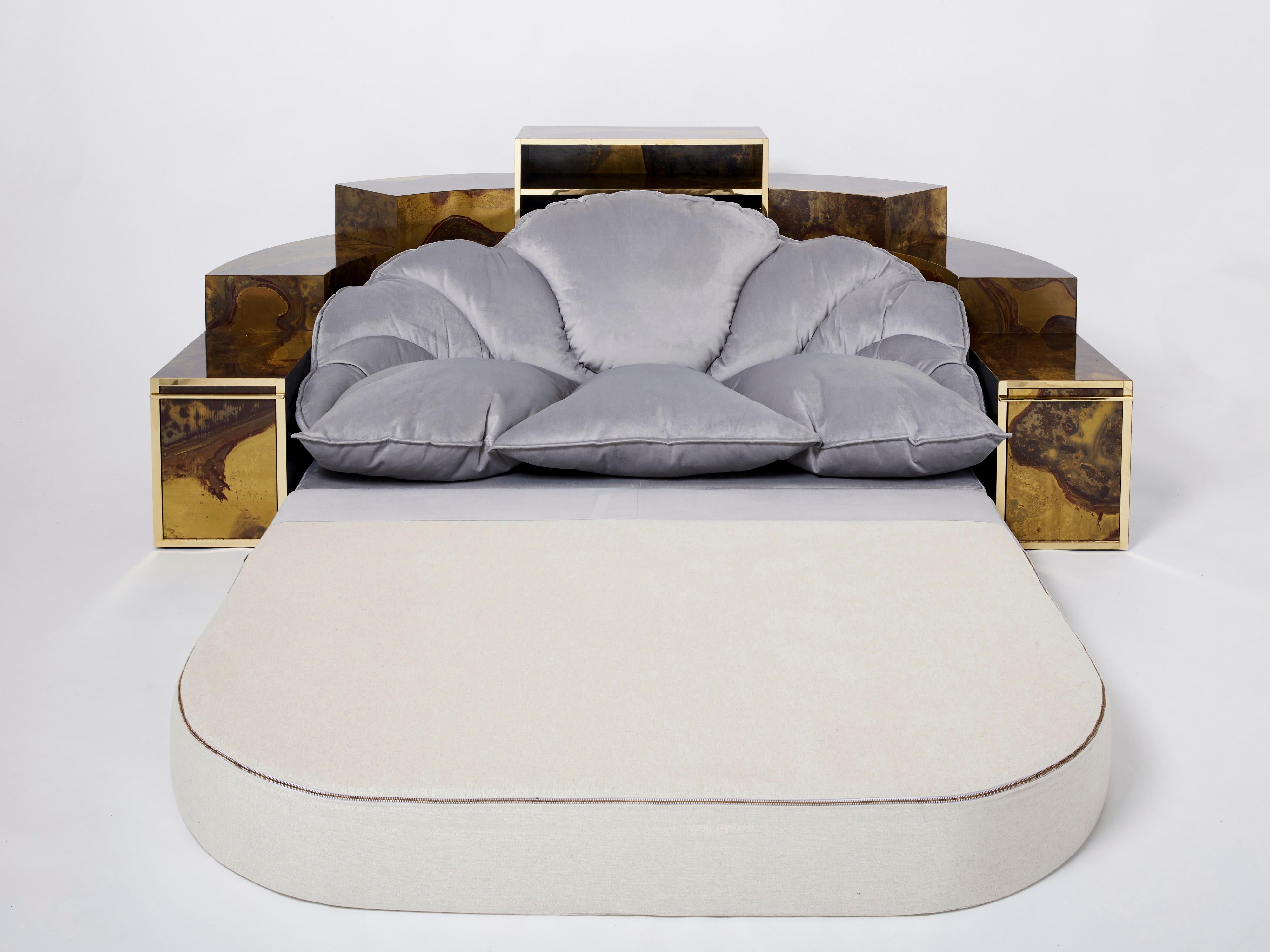 Unique Isabelle Richard Faure Oxidized Brass Velvet Sofa Bed, 1970s For Sale 8