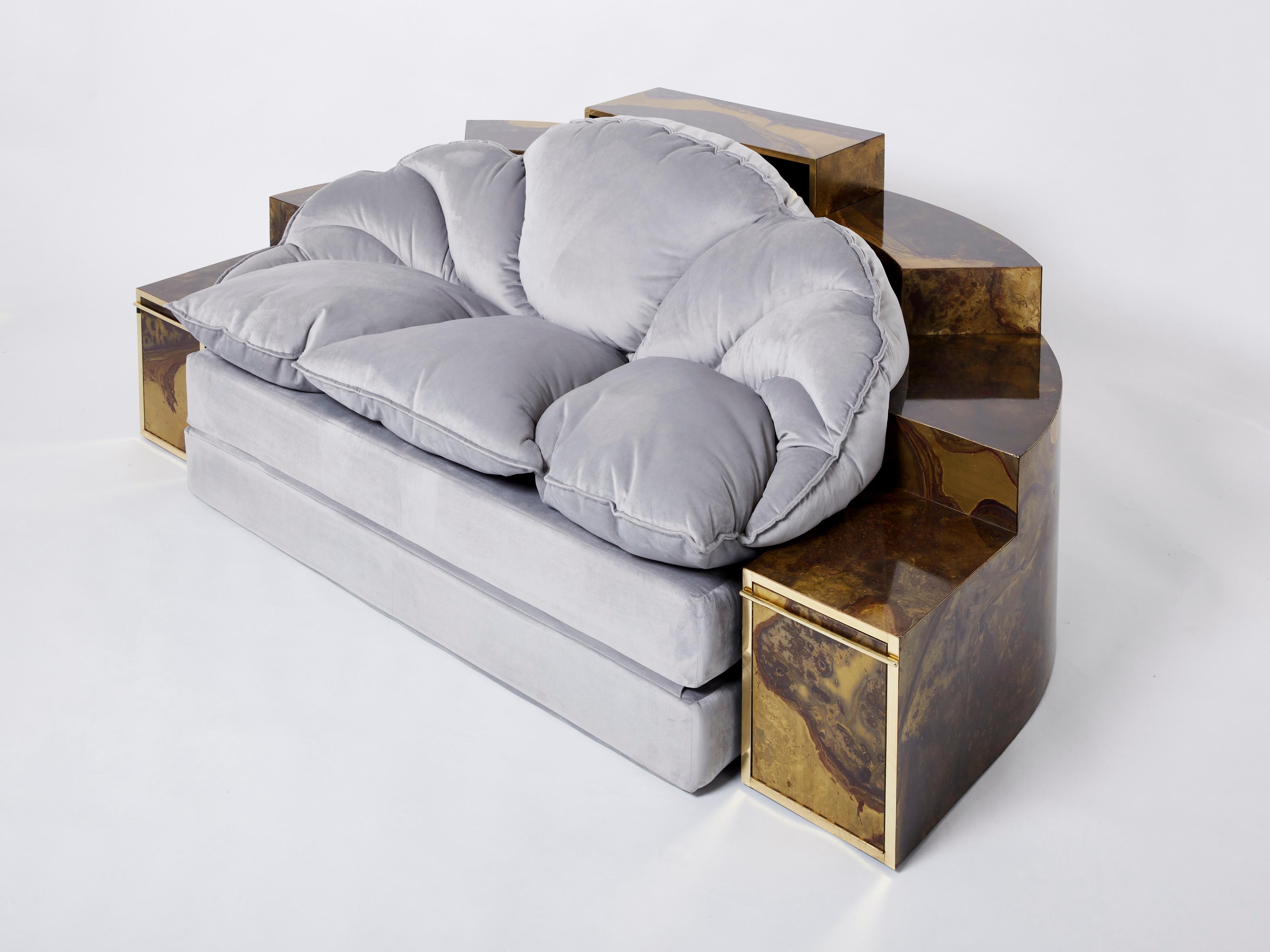 Unique Isabelle Richard Faure Oxidized Brass Velvet Sofa Bed, 1970s For Sale 11