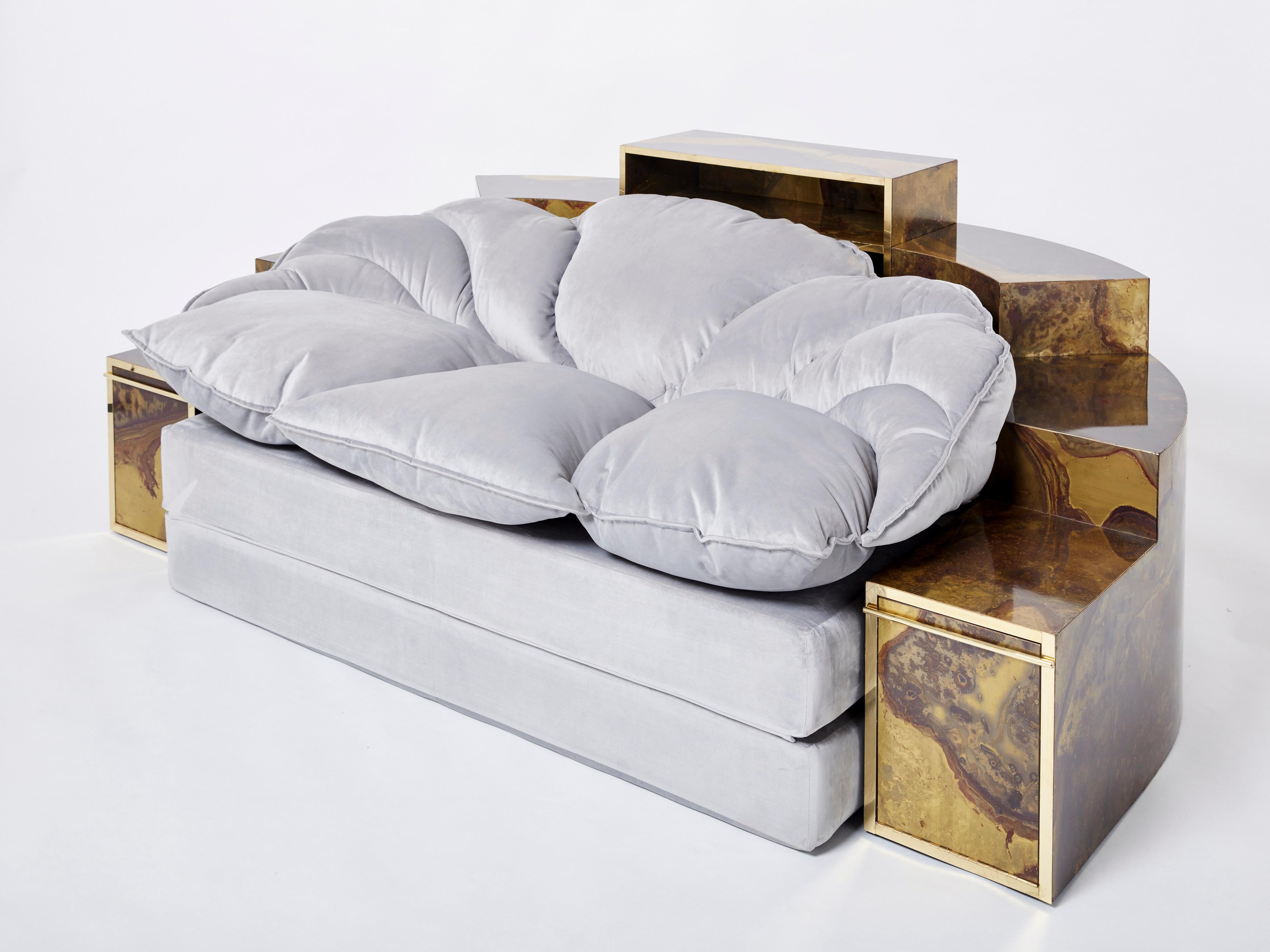 Unique Isabelle Richard Faure Oxidized Brass Velvet Sofa Bed, 1970s For Sale 12