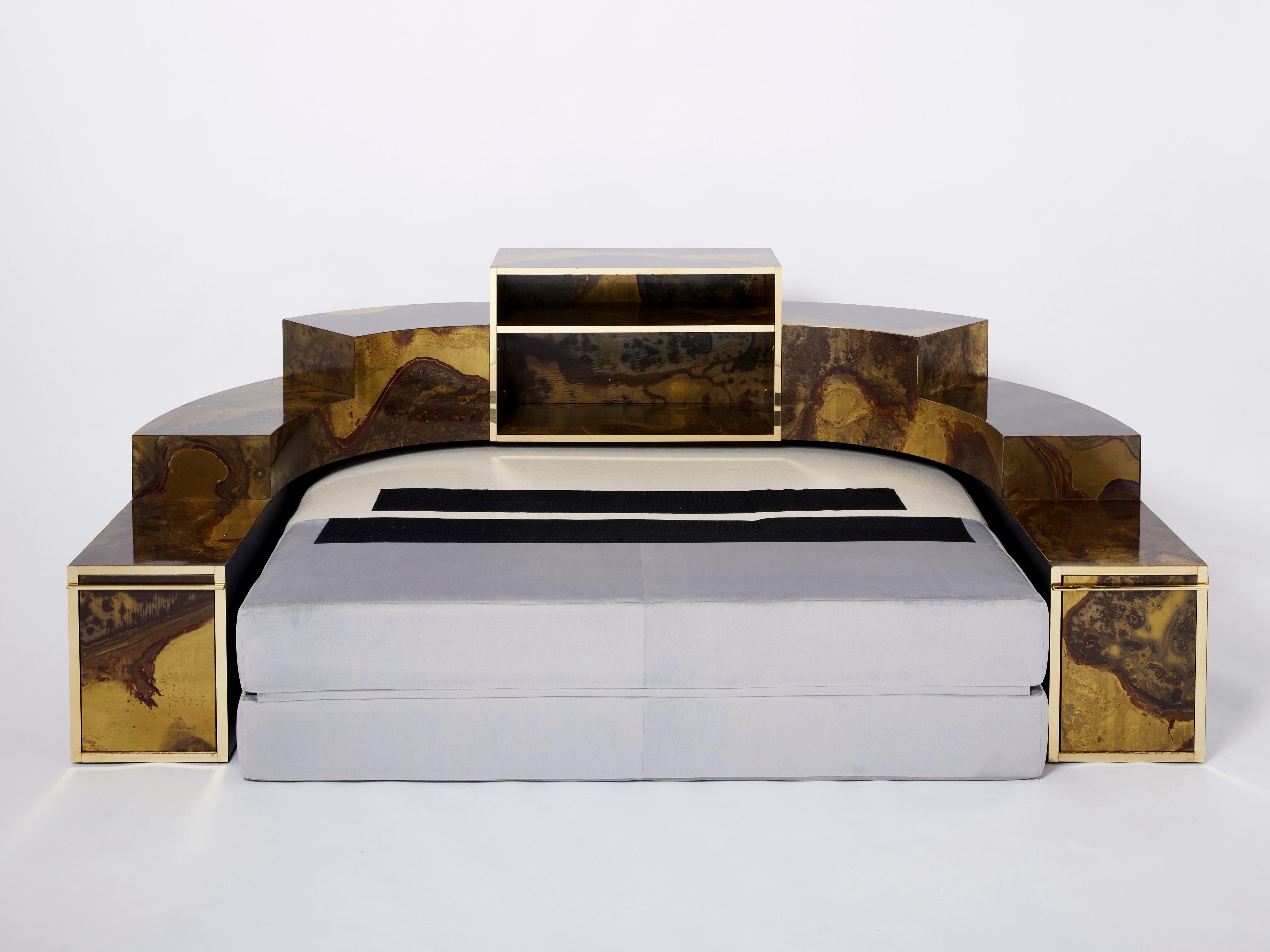 French Unique Isabelle Richard Faure Oxidized Brass Velvet Sofa Bed, 1970s For Sale