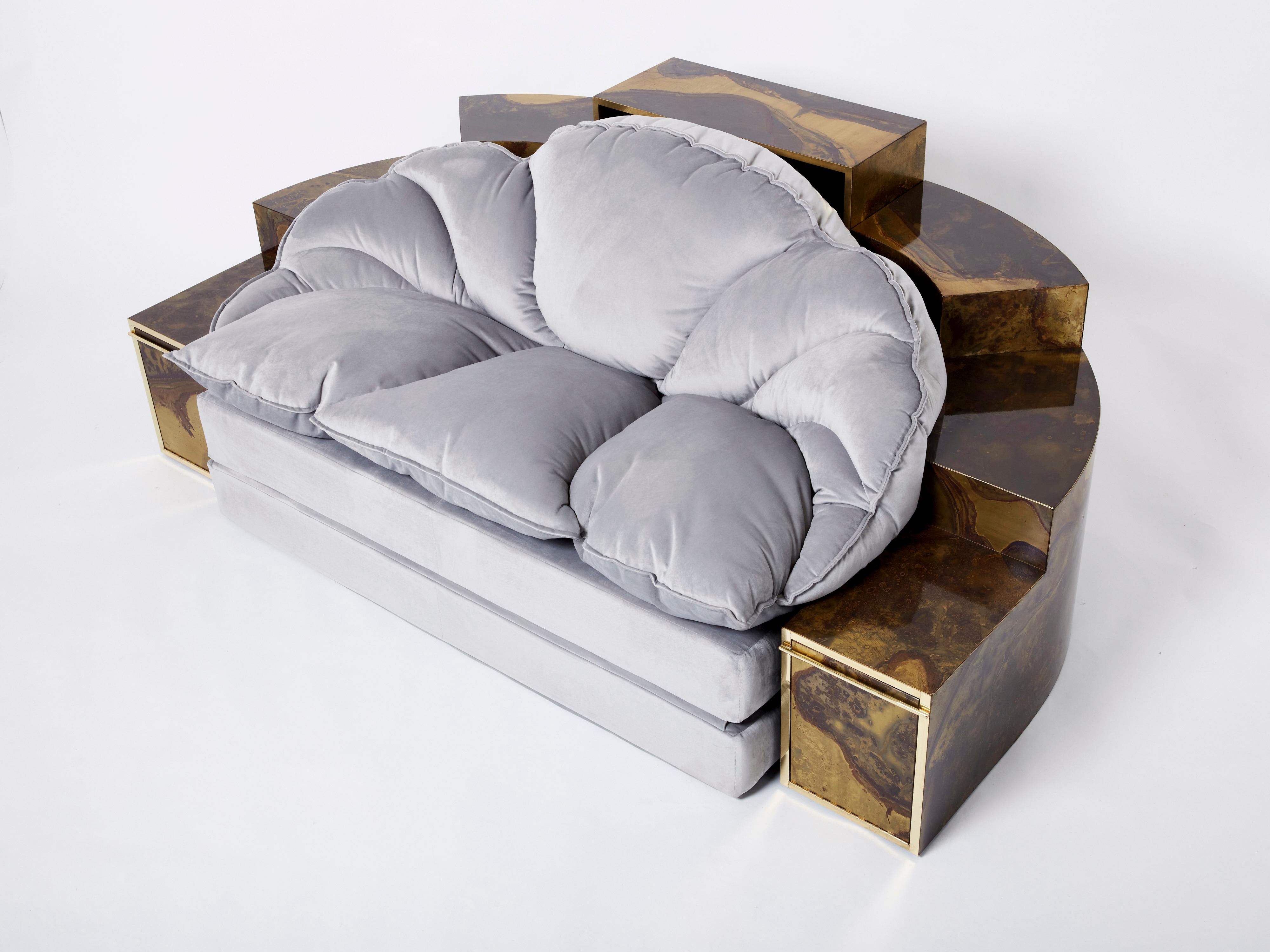 Late 20th Century Unique Isabelle Richard Faure Oxidized Brass Velvet Sofa Bed, 1970s For Sale