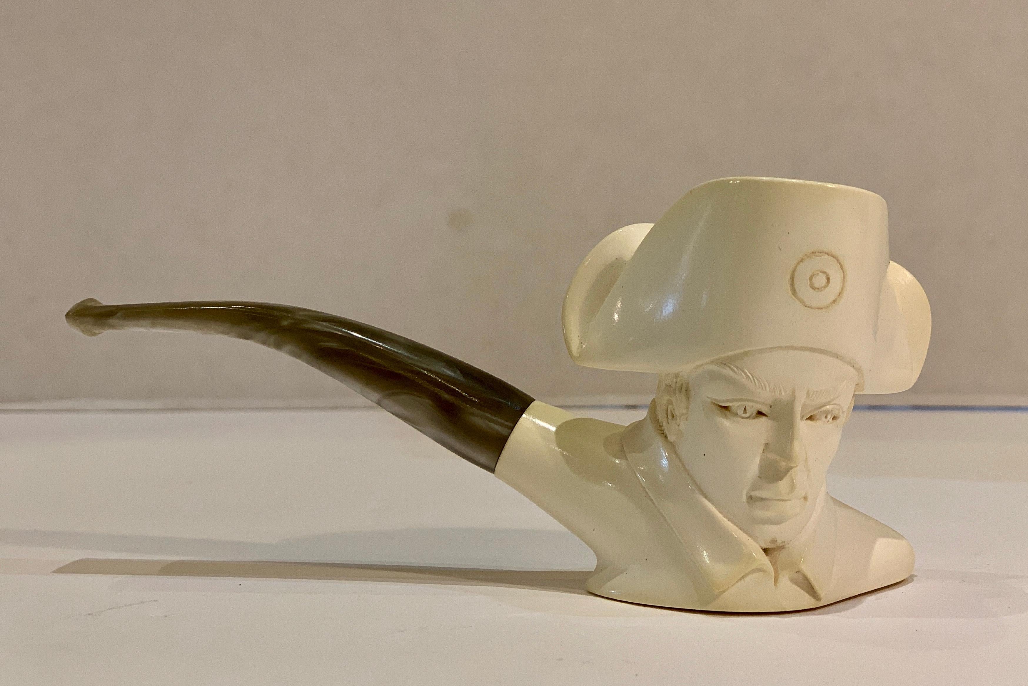 Outstanding, limited edition, hand carved, estate European Turkish meerschaum pipe is in unused, pristine condition and is a rare and very fine smoking collectable for a pipe aficionado. Pipe depicts the noble head of Napoleon on a pearlized stem,