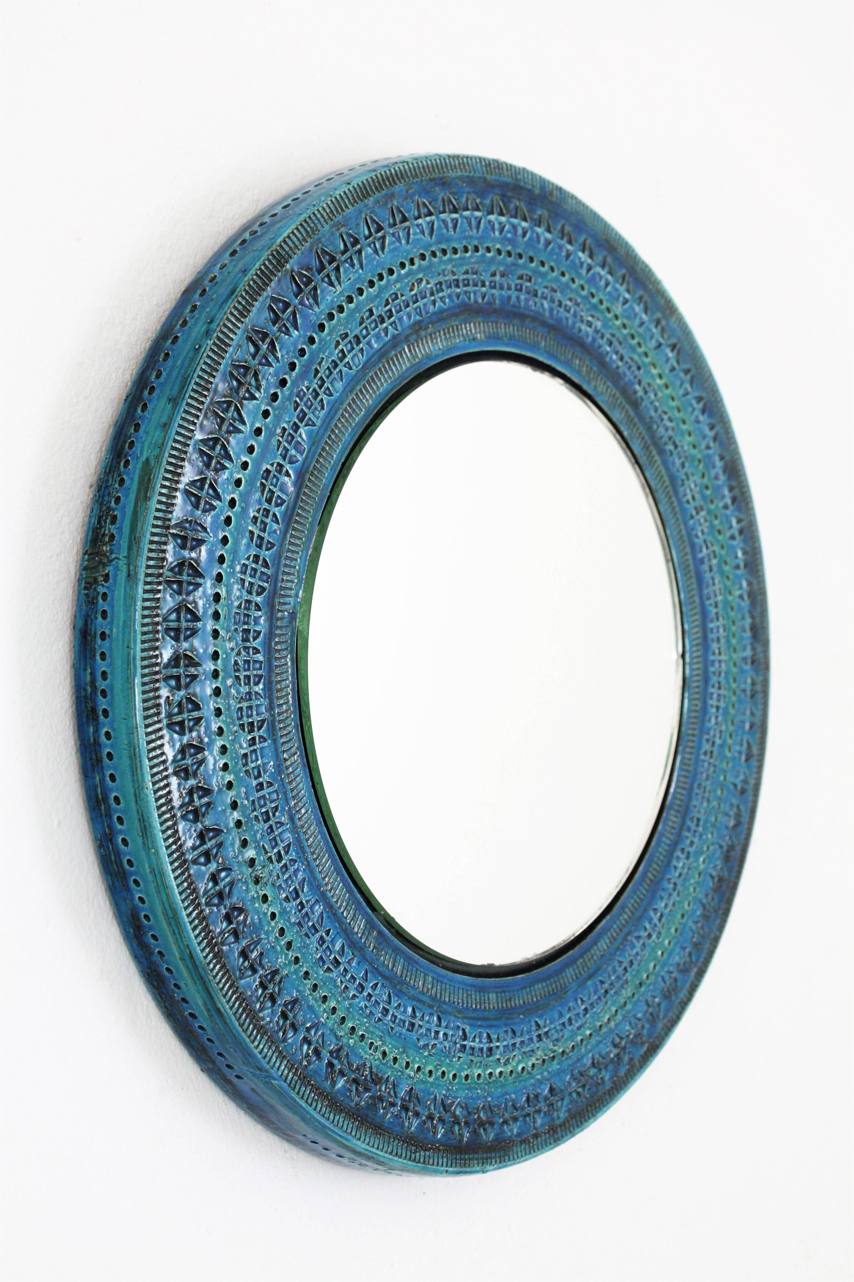 Mid-Century Modern Unique Italian 1960s Bitossi Rimini Blue Glazed Ceramic Mirror by Aldo Londi