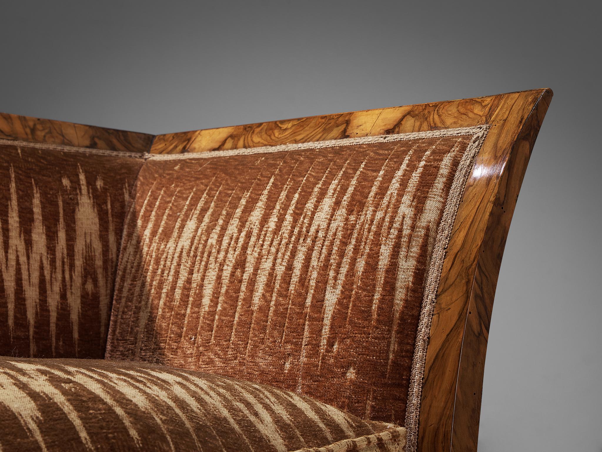 Unique Italian Art Deco Pair of Lounge Chairs in Walnut Burl and Velvet  8
